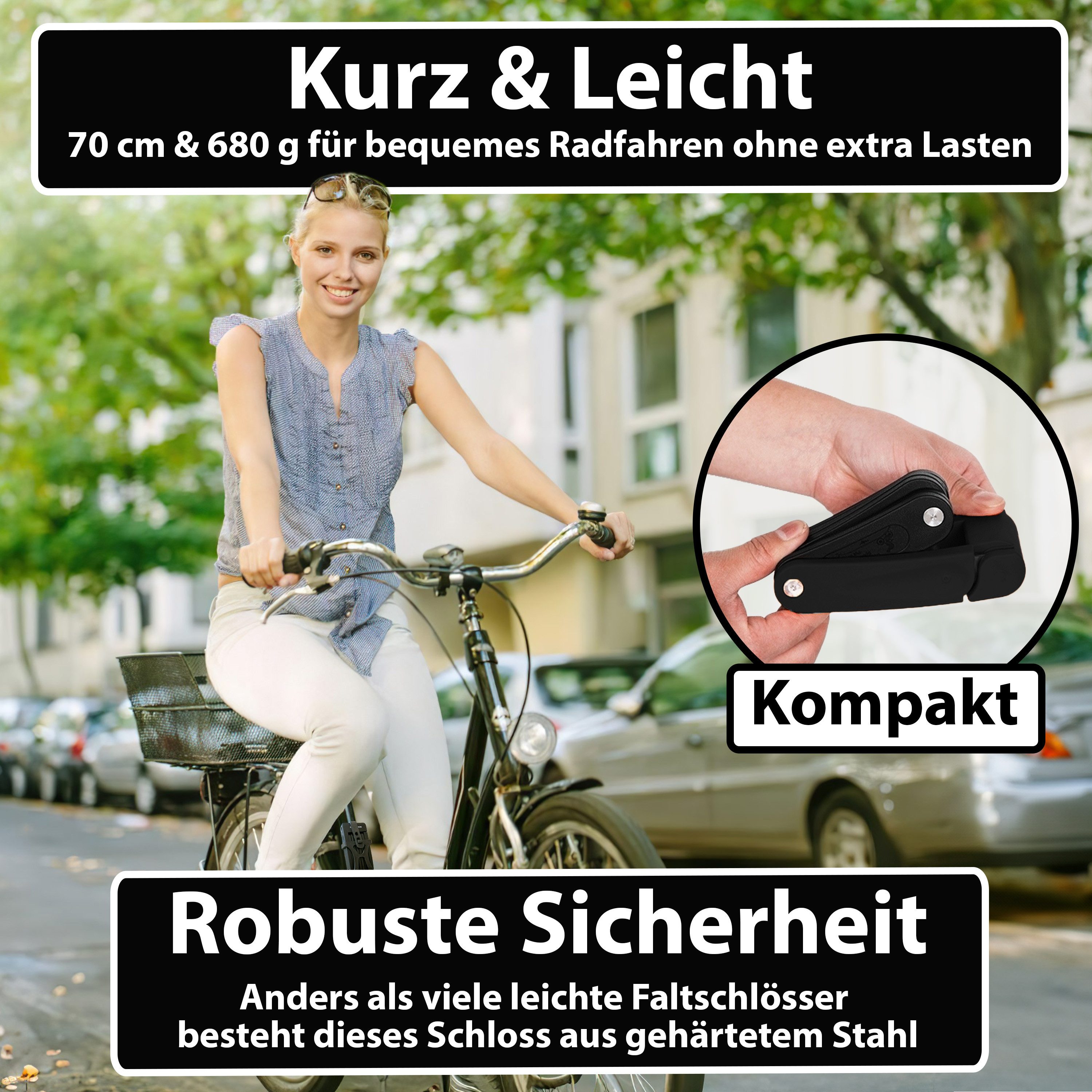 KOHLBURG Faltschloss [680g leicht & 70cm lang] Sicheres Fahrradschloss für E-Bike & Fahrrad, Sicheres Fahrradschloss aus gehärtetem Stahl mit Halterung