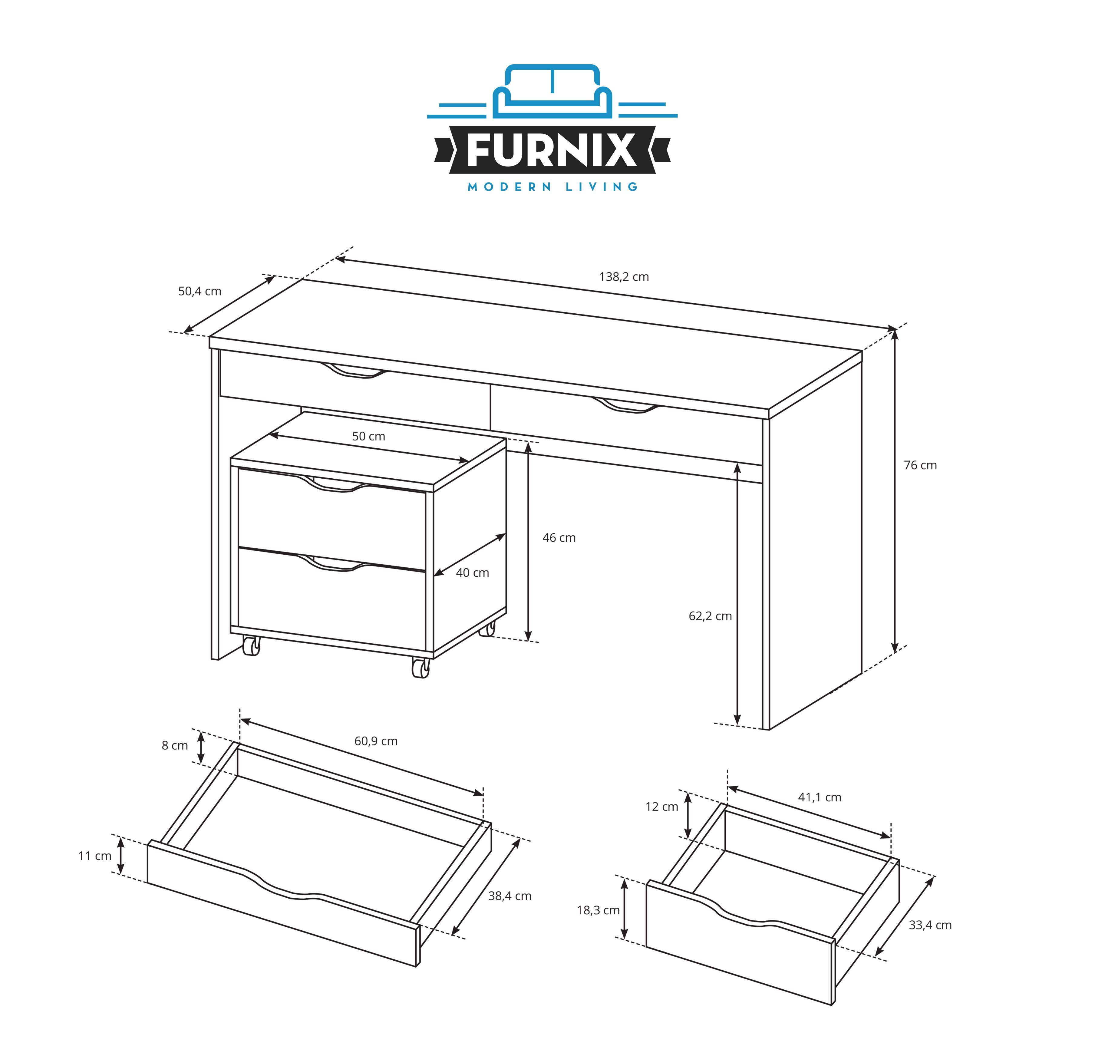 Furnix Kinderschreibtisch TAMINIE Schreibtisch 2 made Container Weiß in auf Kugelgelagerte EU Schubladen und Rollen, Führungsschienen