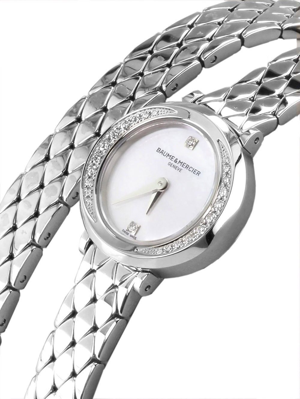 Baume & Mercier Luxusuhr Swiss Made Damen Uhr M0A10289 Petite Promese 22mm Ø Wickelband, Gehäuseboden (Drücker zum Einstellen der Uhrzeit) Diamantlünette