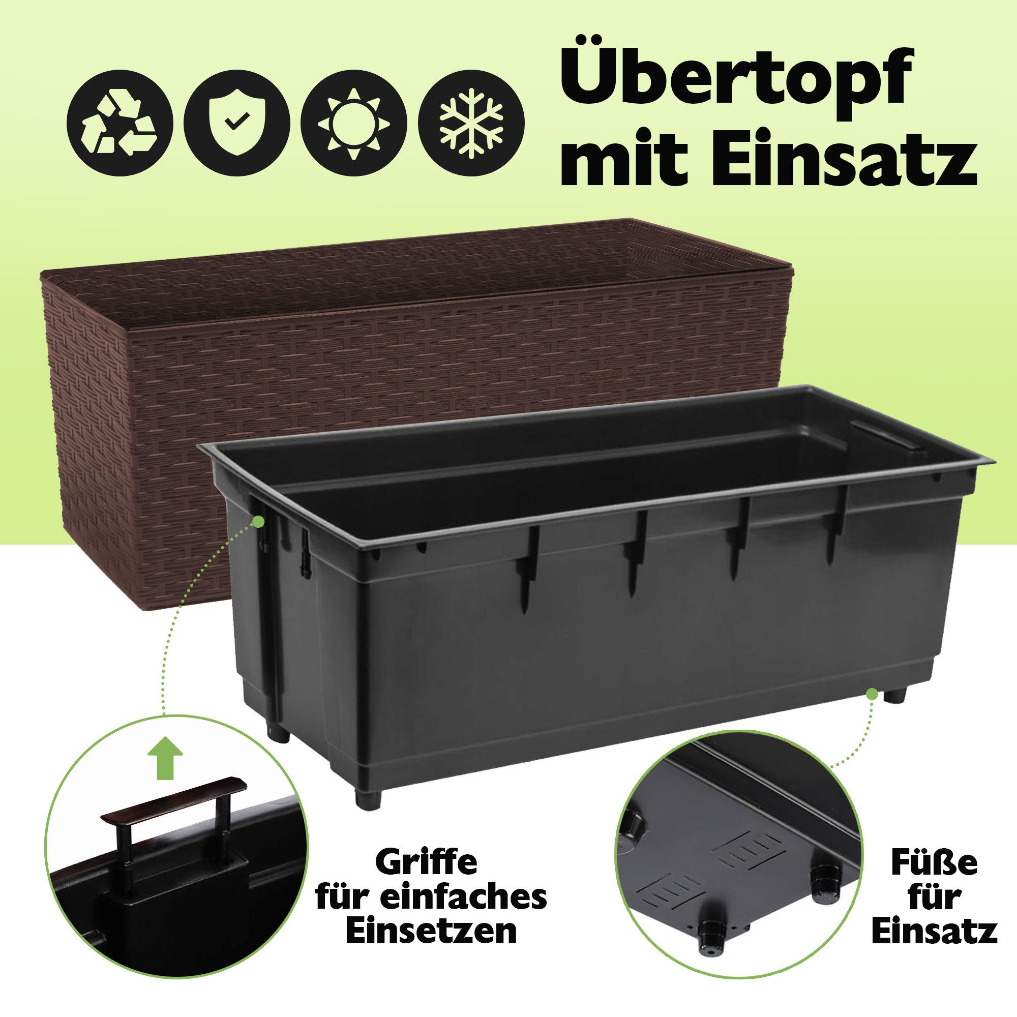 KONZEPT Balkonkasten Hochwertige Blumenkasten Rattan-Optikin, rechteckig 56 x 19 cm, Balkonkasten ideal fur Balkon, Terrasse, Fensterbank