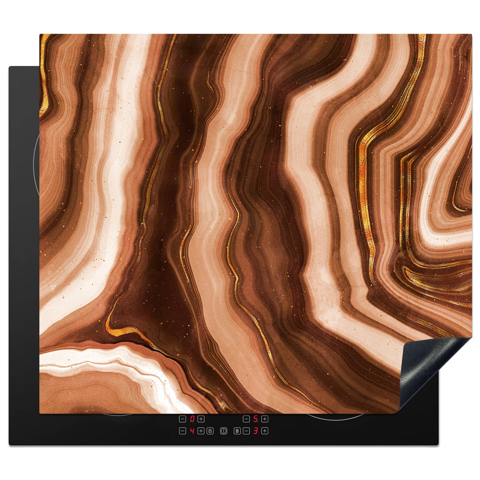 MuchoWow Herdblende-/Abdeckplatte Achat - Braun - Gold - Geode Stein, Vinyl, (1 tlg), 58x51 cm, Küchen Dekoration für Induktionsherd, Induktionskochfeld