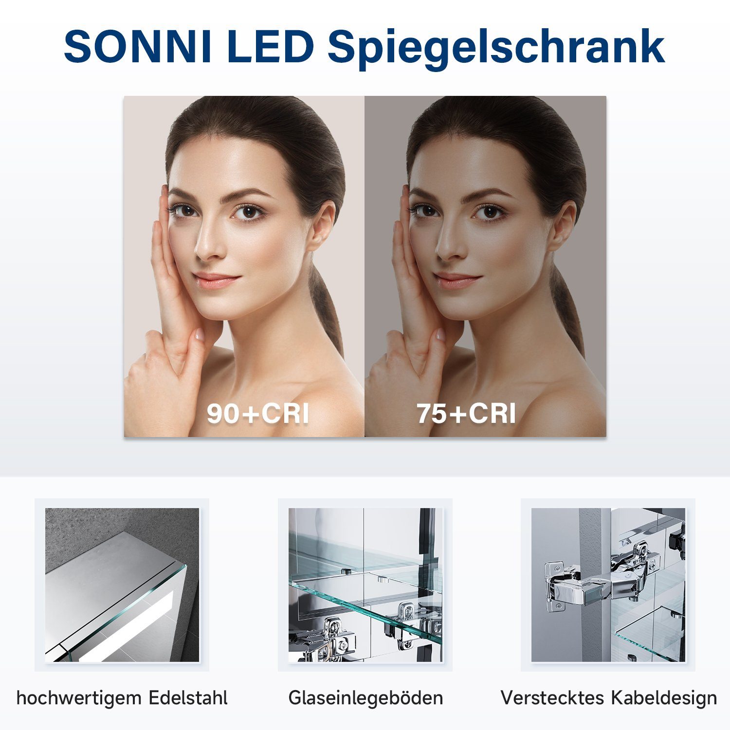 SONNI IP44 3-türig spiegelschränke Spiegelschrank Bad Steckdose Beleuchtung Edelstahl Badezimmer, mit mit LED