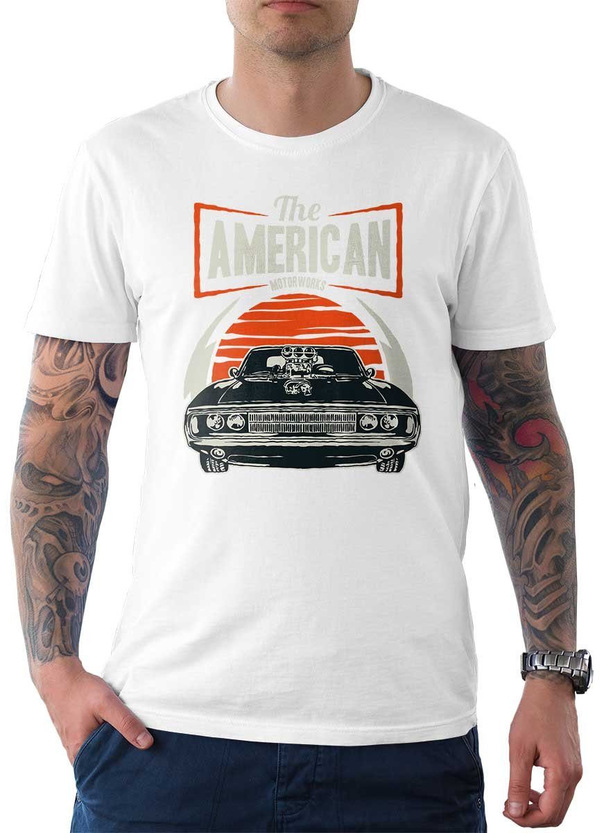 Rebel On Wheels T-Shirt Herren T-Shirt Tee The American mit Auto / US-Car Motiv Weiß