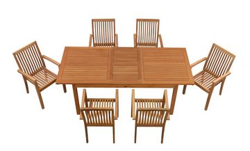 Kai Wiechmann Garten-Essgruppe Premium Teak Sitzgruppe aus 6 Stapelstühlen und 1 Ausziehtisch, (7-tlg., 6 Stapelstühle, 1 Ausziehtisch), modernes Teak-Gartenmöbel Set mit Auszugstisch