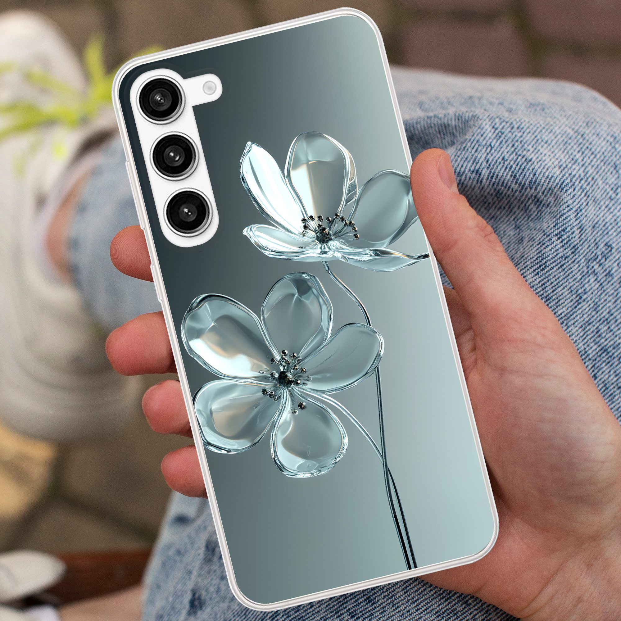MuchoWow Handyhülle für Samsung Galaxy S23 Plus Kristall - Blumen - Grau, Phone Case, Silikon, Schutzhülle Dünn
