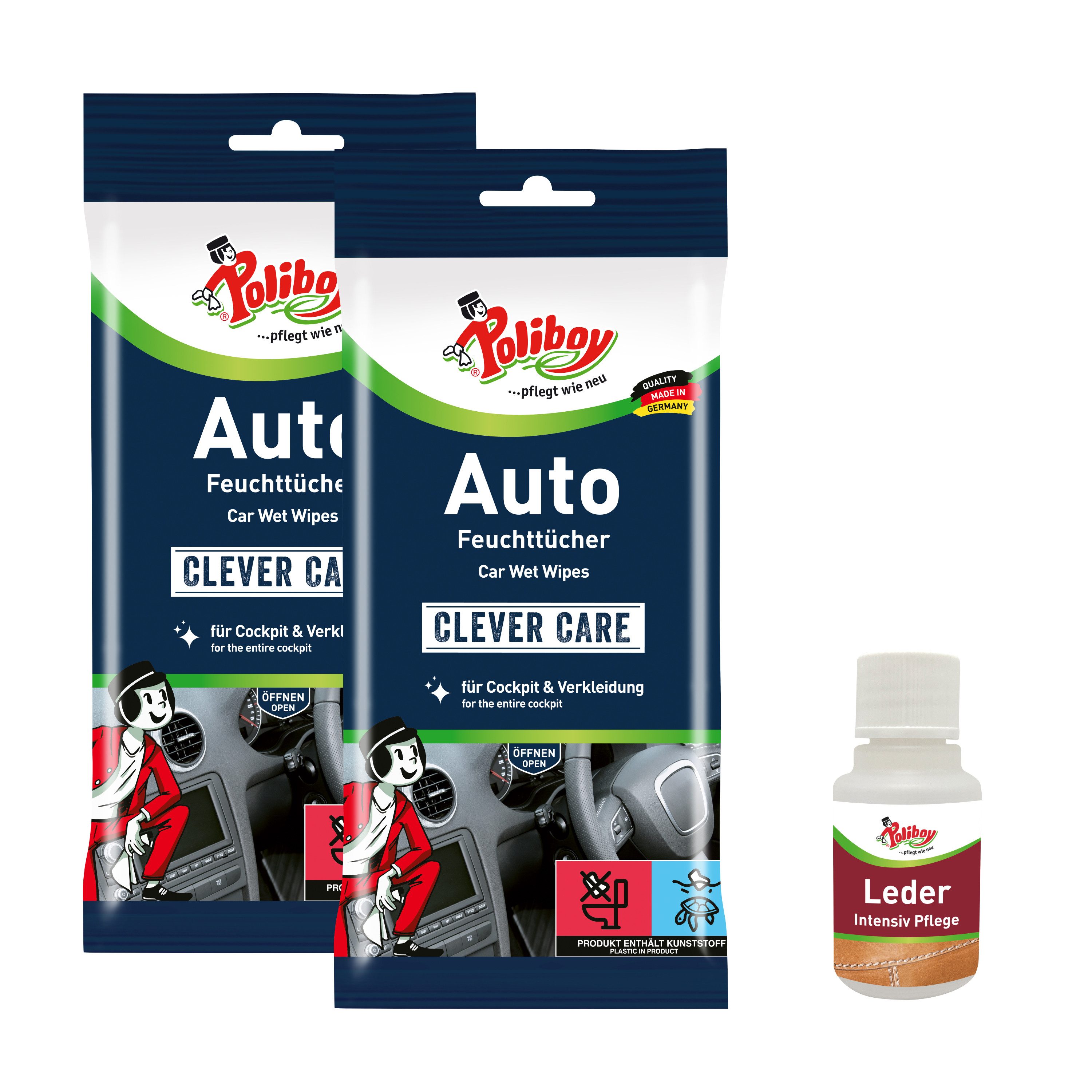 poliboy Auto Putztücher - 40 Tücher - Inklusive Leder Probe Reinigungstücher (20x18 cm, perfekt für die gründliche Reinigung des Innenraums - Made in Germany)