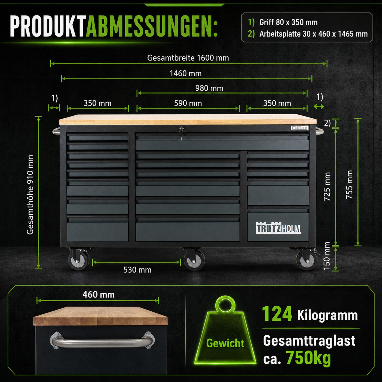 TRUTZHOLM Werkstattwagen Deluxe XXL Anthrazit unbestückt 160 x 91 cm 20 Schubladen Werkbank, 20 Schubladen, Anthrazit, 6 schwenkbare Rollen, 4 Rollen mit Feststellbremse, pulverbeschichteter Stahl, Hartholz Arbeitsplatte, max. Traglast:750 kg, (Artikel, 1-tlg)