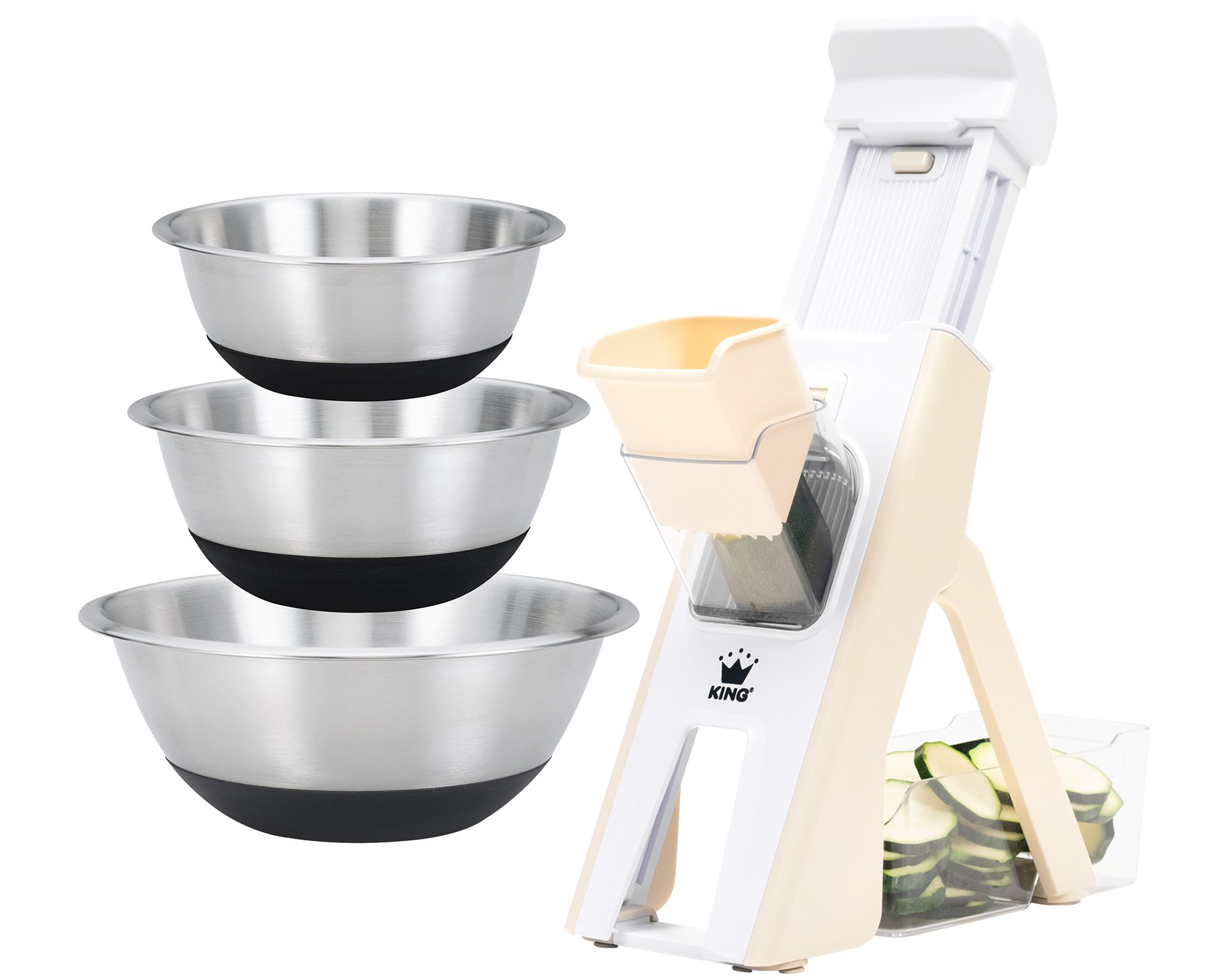 KING Küchenreibe Veggie-Turm-Reibe, Kunststoff, (Set, 4-St., 1 Reibe, 3 Servierschüsseln), Vertikale-Reibe inkl. Auffangbehälter, unterschiedliche Schnittmodi