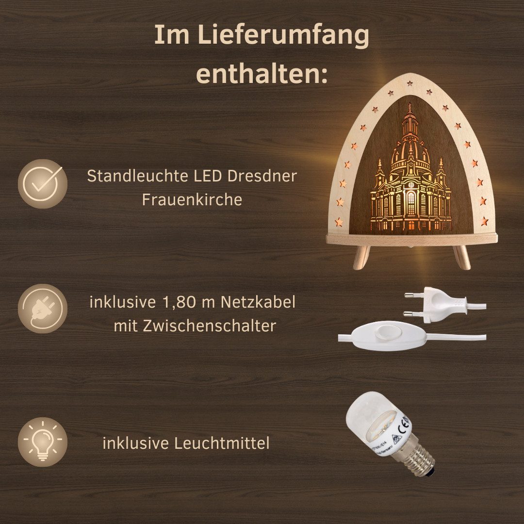 Weigla LED Dekolicht Dresdner Frauenkirche, Dekolampe aus Holz, NATUR-BRAUN, LED wechselbar, Holzkunst aus dem Erzgebirge