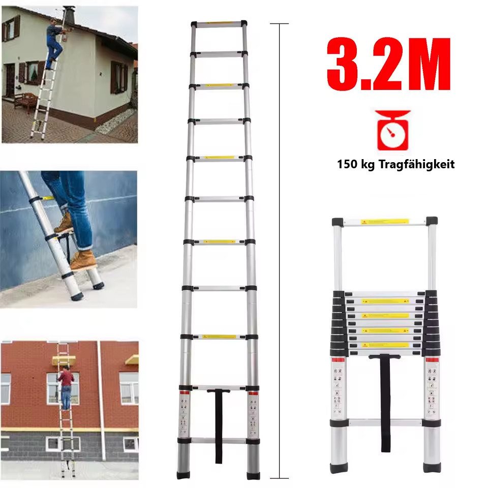 Thumbnail - Montegoni Anlegeleiter Premium 3,2 Meter Teleskopleiter (150 Kg Tragkraft), robuste Aluminium Verlängerungsleiter