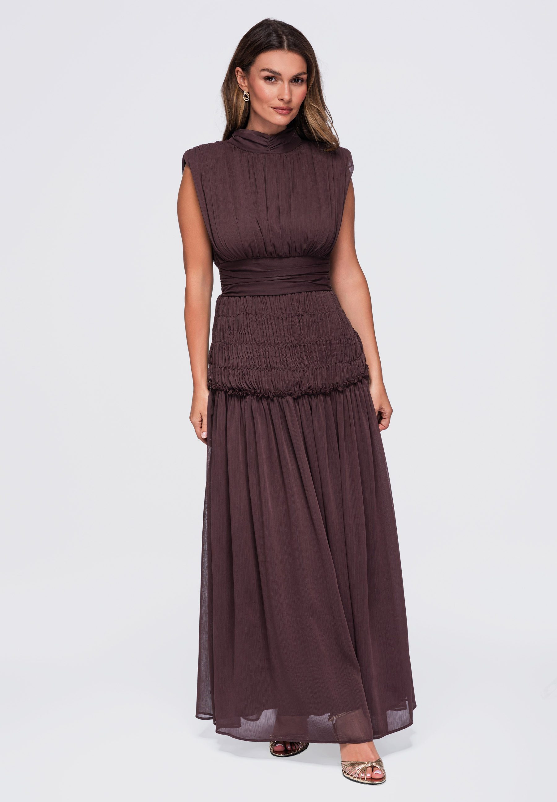 OMBRE Maxikleid Damen Maxikleid mit ausgestelltem Rock Braun S/M (kein Set, 1-tlg) in Unifarbe