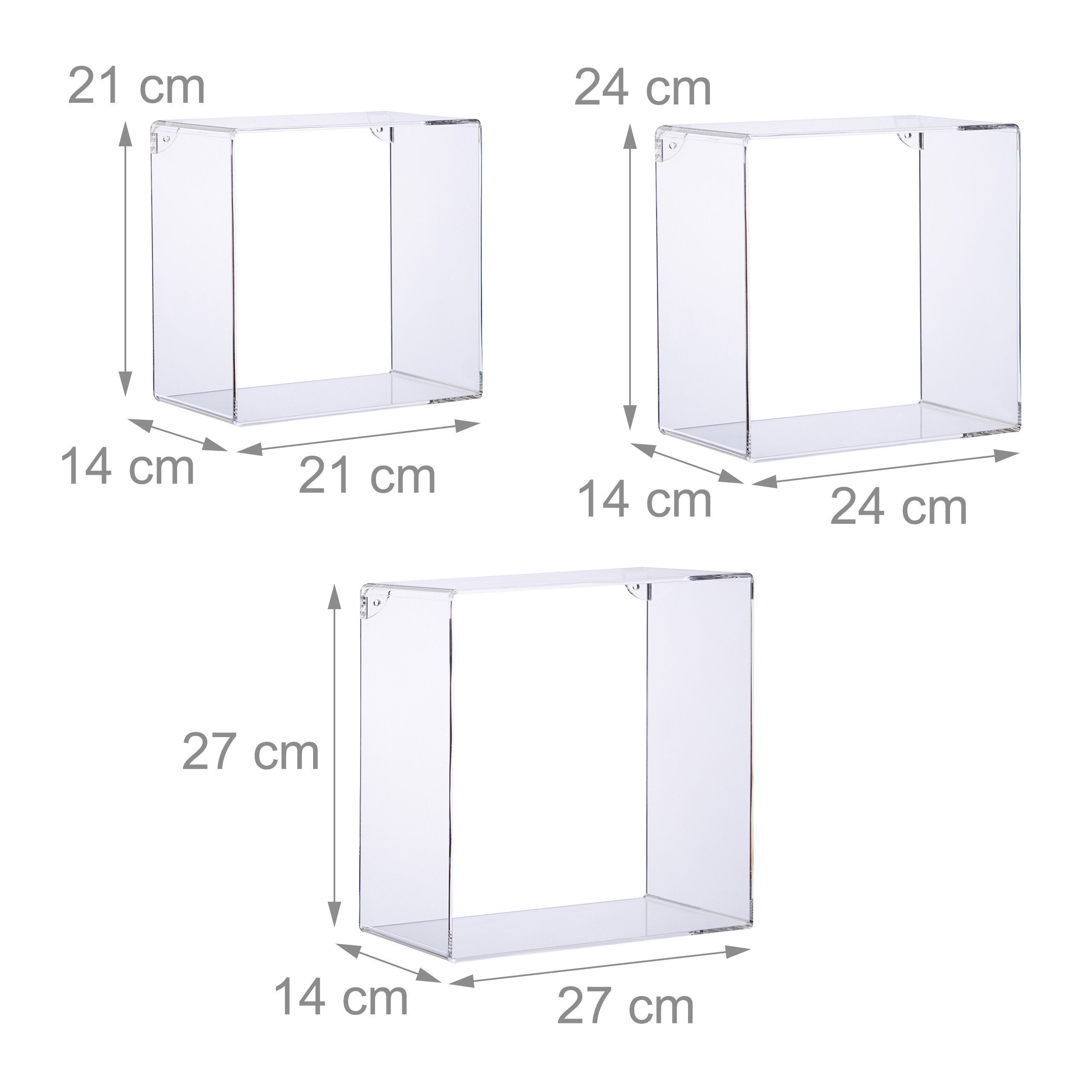 Wandregal Acryl quadratisch 3er Set, relaxdays Wandregal