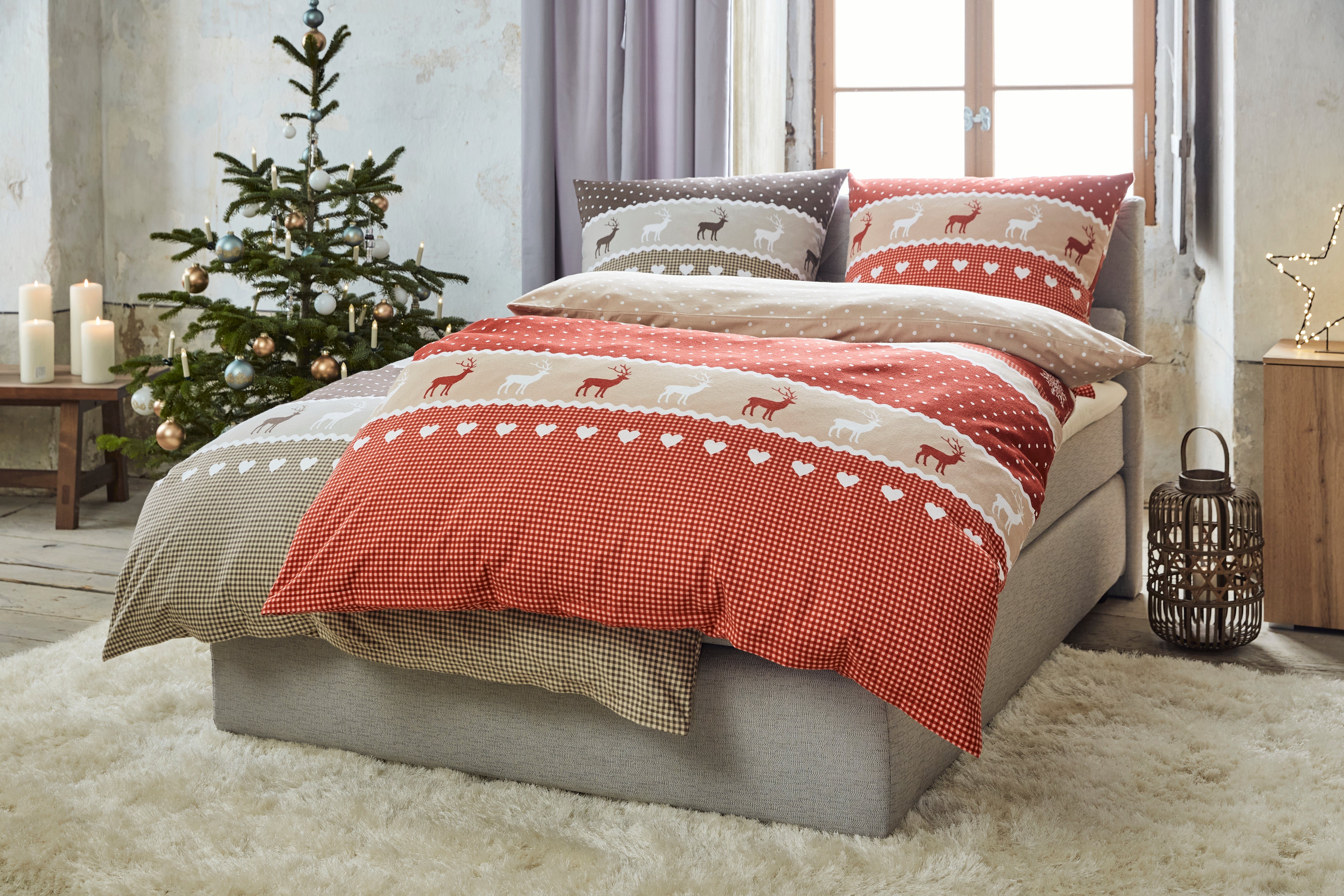 CASATEX Bettwäsche Garmisch, Biber, 2 teilig, schöne Hirschmotive, Herzen und Schneekristallen