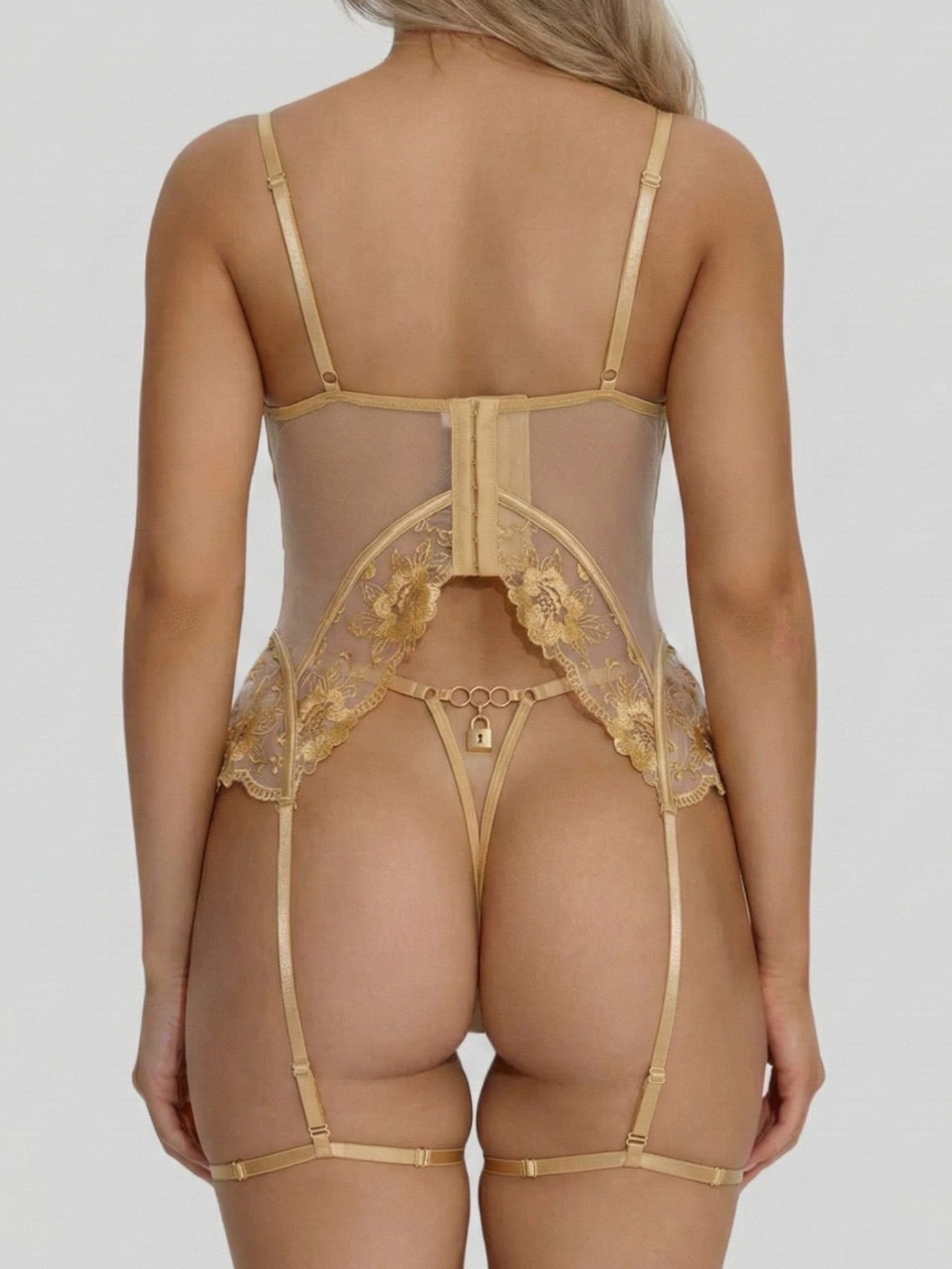 Elegant Love Set: Corsage Dessous-Set Reizwäsche: Bestickte Spitze mit dekorativem Zierschloss (Set, 3-tlg., Tanga + Beinriemen) sinliches Lingerie-Set mit Büge – Bild 4 von 5