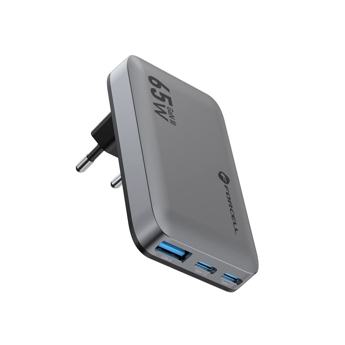FORCELL GaN Ladegerät 65W 2x USB-C + USB-A Grau Smartphone-Ladegerät