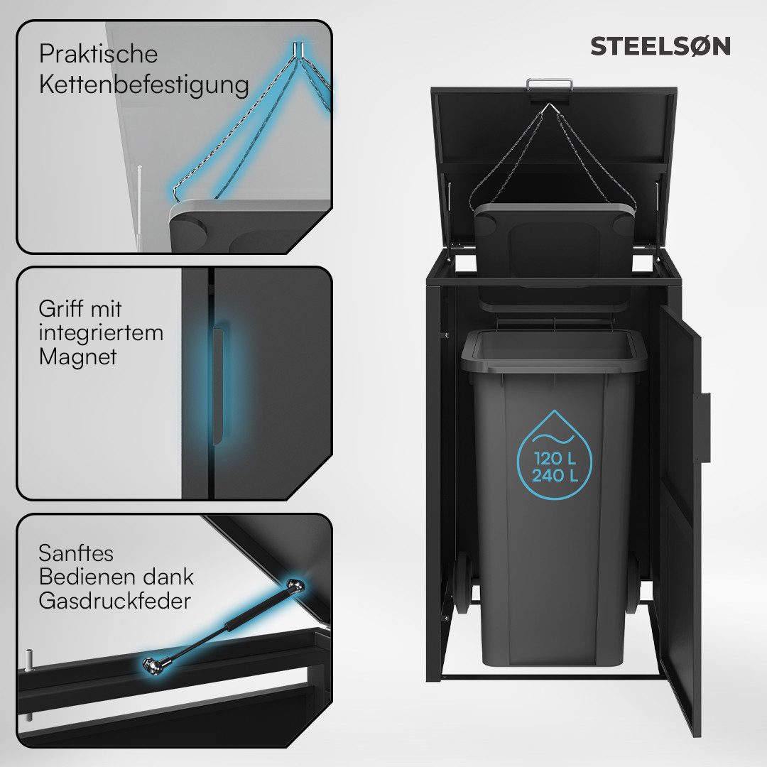 STEELSØN Mülltonnenbox Thoria 240L aus verzinktem Stahl (Graphitschwarz, verfügbar mit 1, 2, 3, 4, oder 5 Türen), Für 1 Tonne