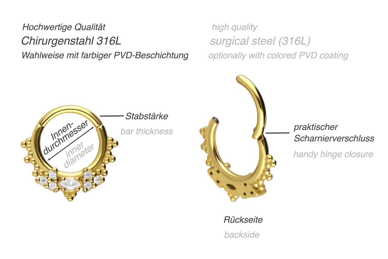 PIERCINGLINE Nasenpiercing Chirurgenstahl Segmentring Clicker 7 EINGEFASSTE KRISTALLE + KUGELN (Clicker, 1-tlg), Ohrpiercing für Conch, Helix, Tragus, Daith, Lobe