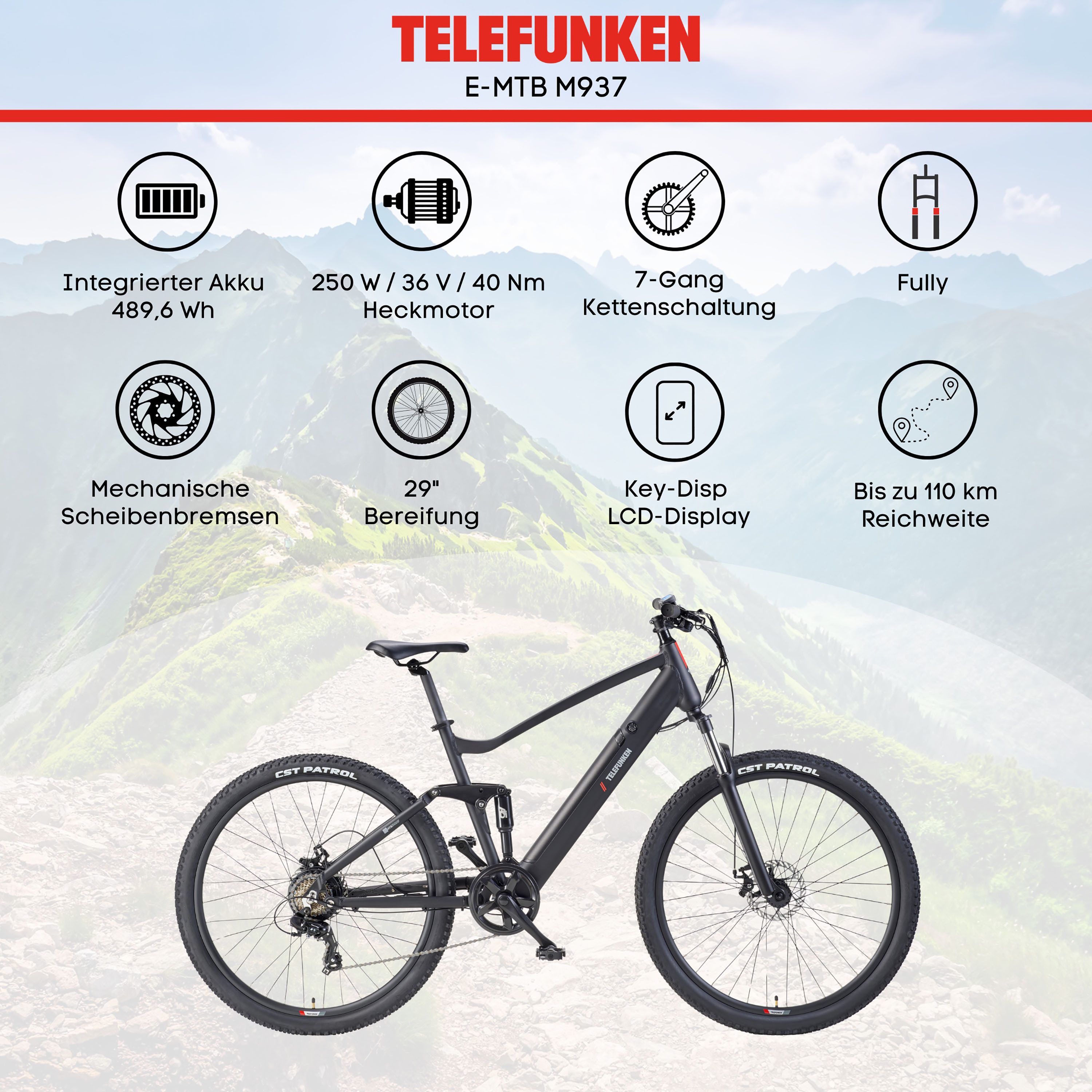 Telefunken E-Bike Mountainbike Aufsteiger M937, 7 Gang Shimano TY300D Schaltwerk, Kettenschaltung, Heckmotor, 489,6 Wh, Pedelec, Elektrofahrrad, Damen u. Herren – Bild 5 von 5
