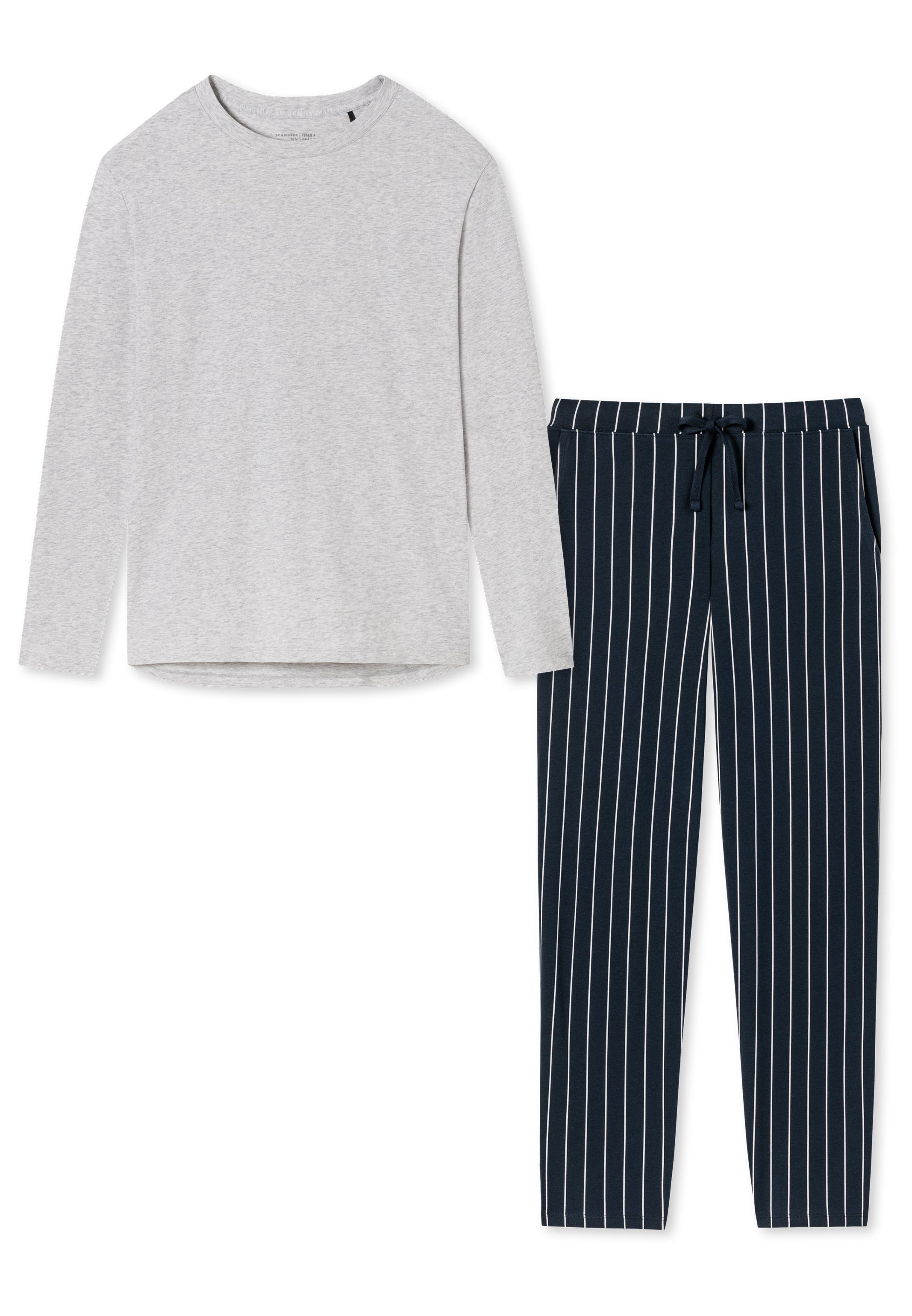 Baumwolle Organic gestreift Blau (Set, / Schlafanzug - Grau Schiesser - Pyjama 2 tlg) Cotton