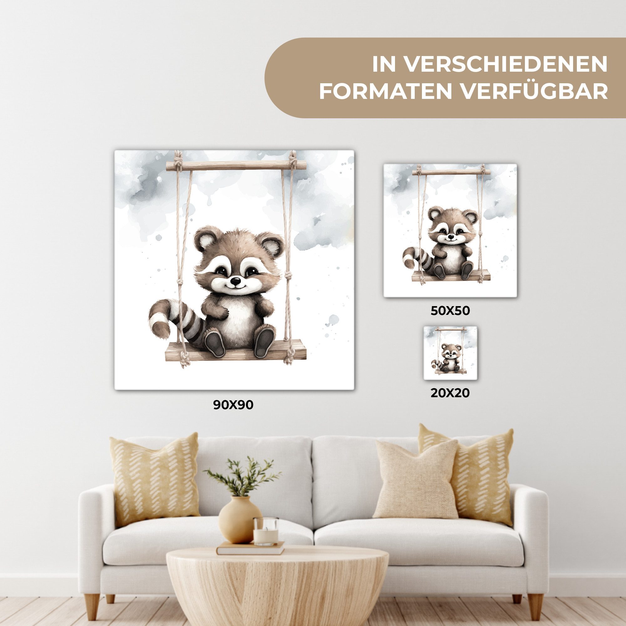 OneMillionCanvasses® Leinwandbild Waschbär - Tier - Kinder, Fotodruck (1 St), Wandbild, Deko Schlafzimmer Wohnzimmer Flur 20x20 cm – Bild 5 von 5