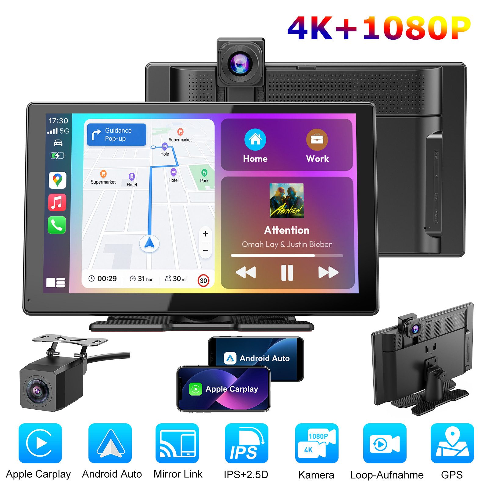 ESSGOO 9‑Zoll‑4K‑Autoradio, Wireless CarPlay/Android Auto, DVR, FM Navigationsgerät (Carplay Android Auto Bluetooth USB GPS Navi WIFI Touchscreen)