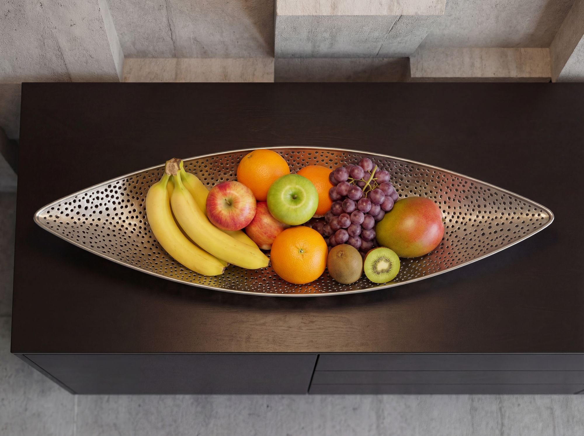 FINEBUY Obstschale FB77776 Früchtekorb Metall Silber 60cm Dekoschale Obstkorb Oval, Metall, (Schöner Früchtekorb in schicker Lochoptik), Länglicher Dekoteller a – Bild 5 von 5