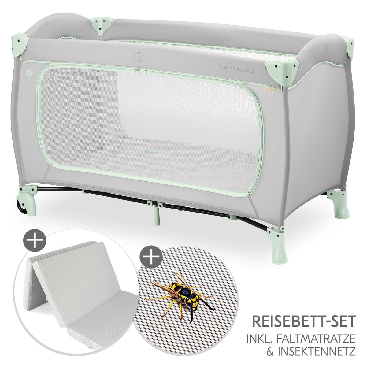 Hauck Baby-Reisebett Sleep N Play Go Plus Set - Dusty Mint, Baby Kinder Reisebett mit Eingang, Matratze, Insektenschutz & Rollen