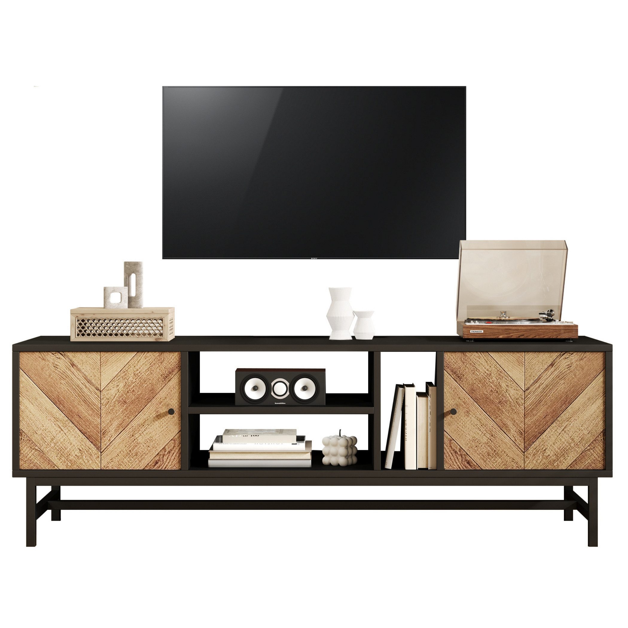 SeedWave Lowboard Moderner TV Schrank,TV-Lowboard mit 2 Türen und drei Offenen Fächern, Horizontaler und vertikaler Stauraum, ein Lüftungsloch