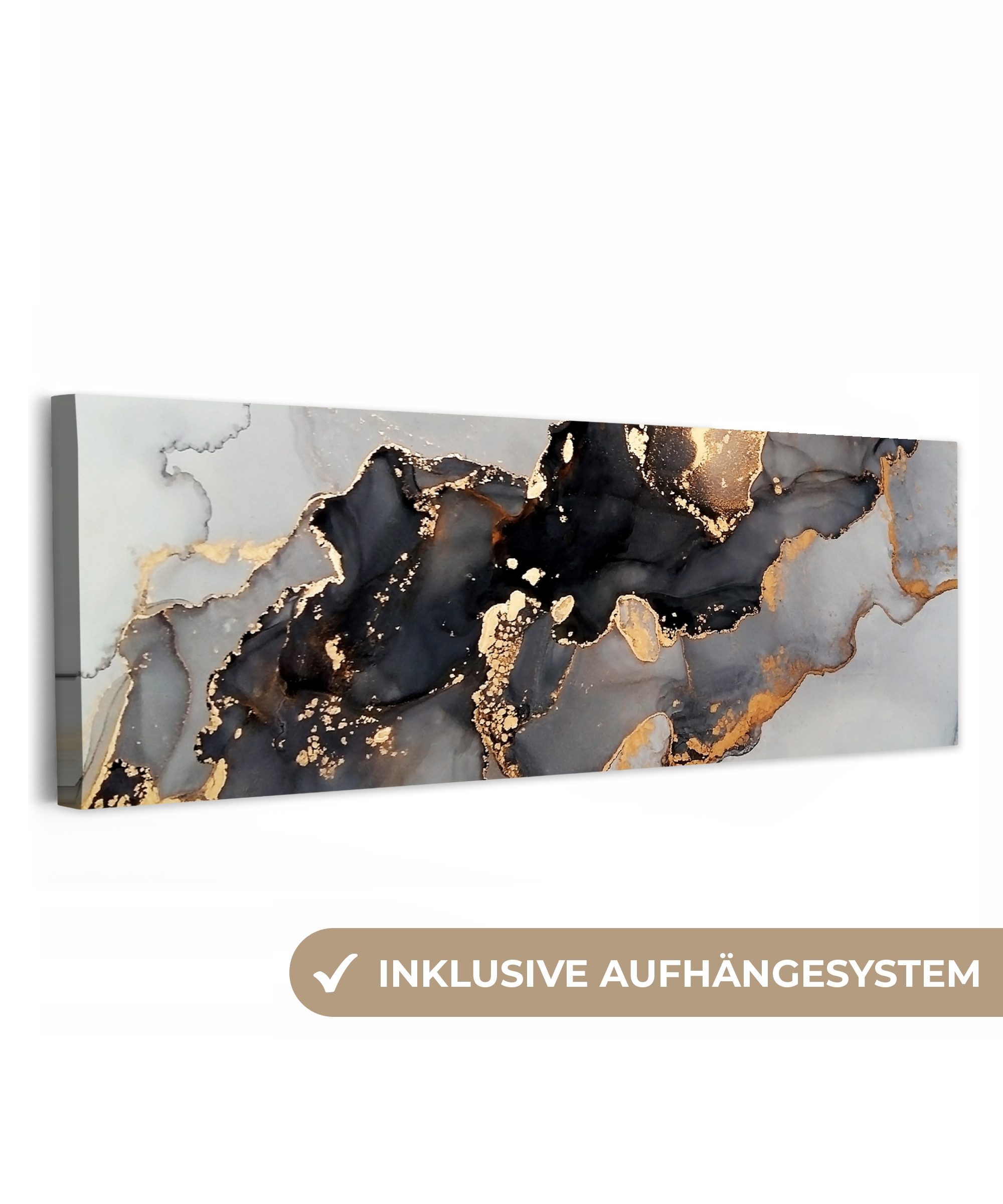 OneMillionCanvasses® Leinwandbild Panorama Schwarz - Marmor - Luxus - Gold, Fotodruck (1 St), Wandbild, Deko Schlafzimmer Wohnzimmer Flur 60x20 cm