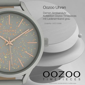 OOZOO Quarzuhr Oozoo Damen Armbanduhr grau Analog, (Analoguhr), Damenuhr rund, groß (ca. 44mm) Lederarmband, Fashion-Style