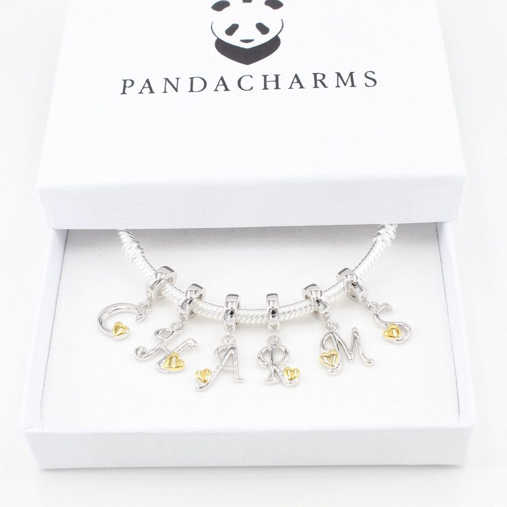 PANDACHARMS Buchstabenanhänger Buchstabe A-Z mit goldenem Herz für Charm Armband, 925 Silber