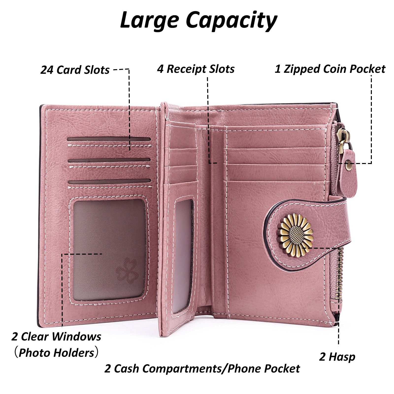 TAN.TOMI Brieftasche Elegante Damen RFID Schutz,Geldbeutel Druckknopf viele mit Rosa Reißverschluss Fächer mit mit Portemonnaie und Damen