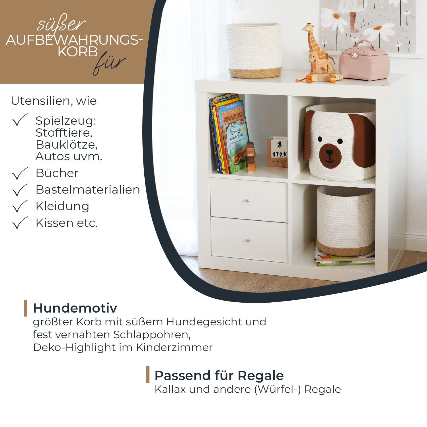 HMF Aufbewahrungskorb Aufbewahrungskorb mit versteckten Griffen (3er, Set), Korb für Kinderzimmer aus Baumwolle, Hund, Groß, Mittel, Klein