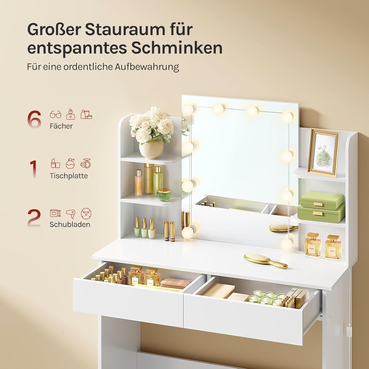 Woltu Schminktisch (1-St), Weiß, mit LED-Beleuchtung Hollywood, mit Spiegel