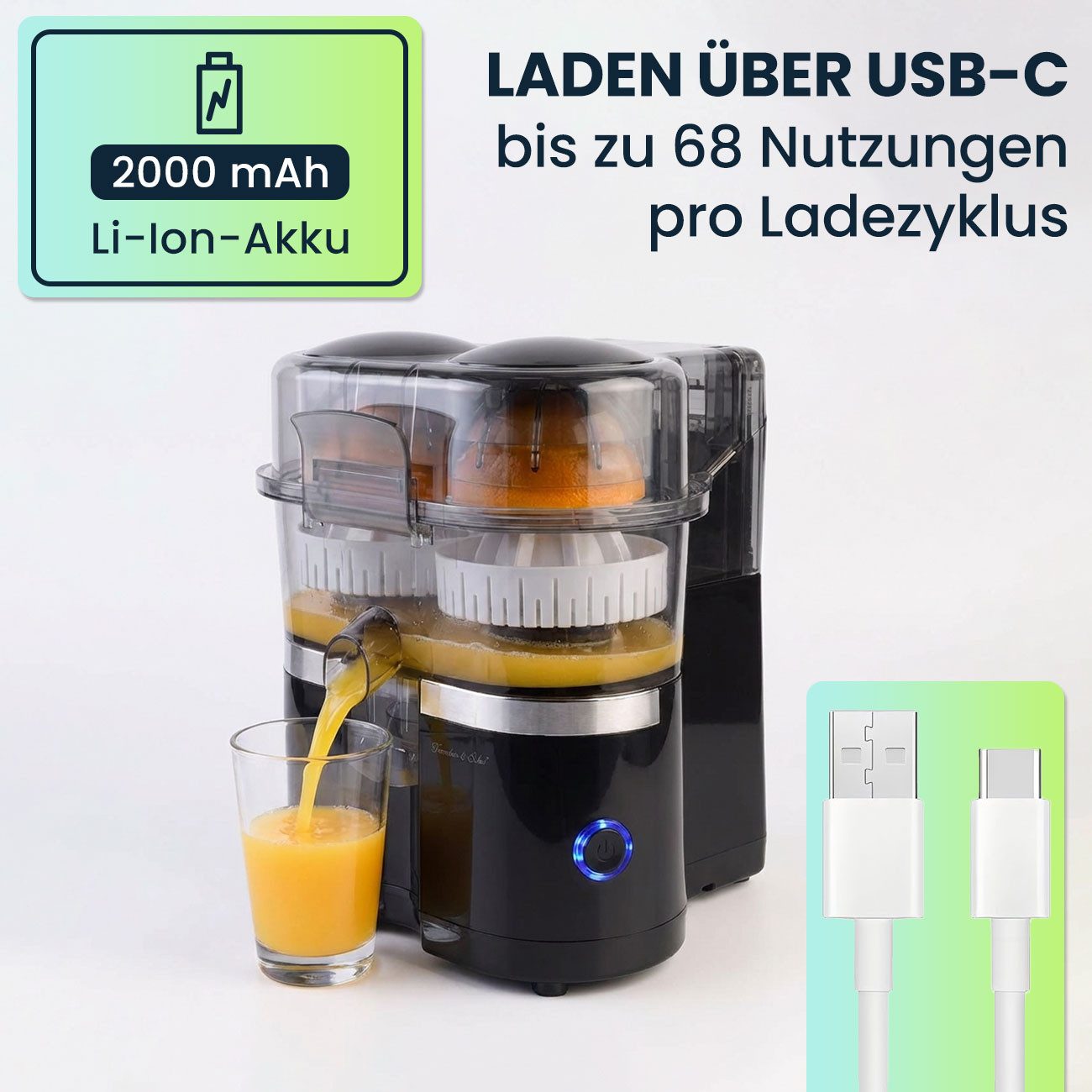 Casativo Entsafter Kompakte Kabellose Akku Doppelpresse 120W USB-C Saft- & Zitruspresse, 120 W, 2.000 mAh Akku, 15.000 U/min Motor, ca. 68 Nutzungen pro Ladezyklus