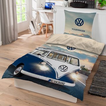 Wendebettwäsche VW Volkswagen Bulli Bettwäsche Adventure Biber / Flanell 140, BERONAGE, 100% Baumwolle, 2 teilig, 135x200 + 80x80 cm