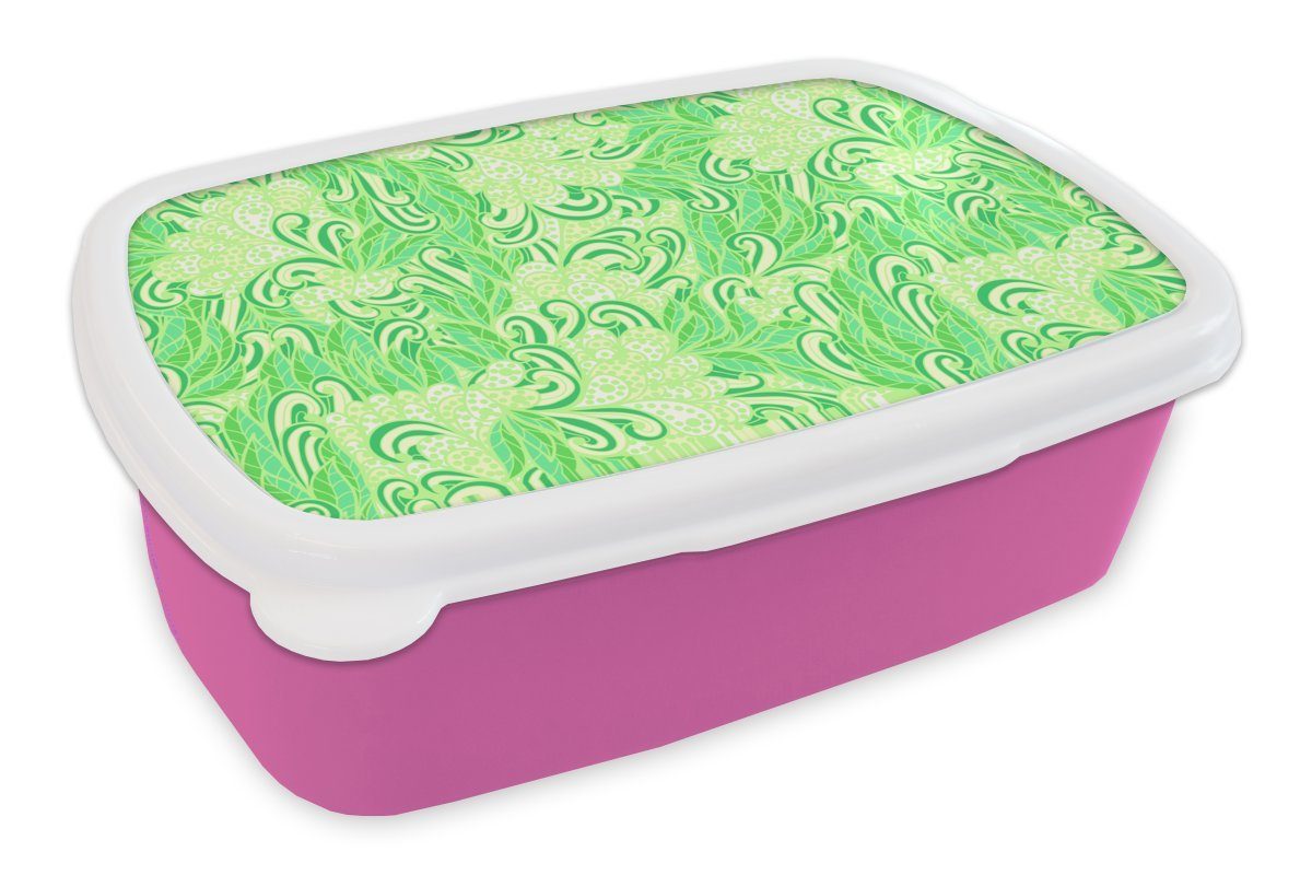 MuchoWow Lunchbox Muster - Abstrakt - Blätter - Grün, Kunststoff, (2-tlg), Brotbox für Erwachsene, Brotdose Kinder, Snackbox, Mädchen, Kunststoff rosa