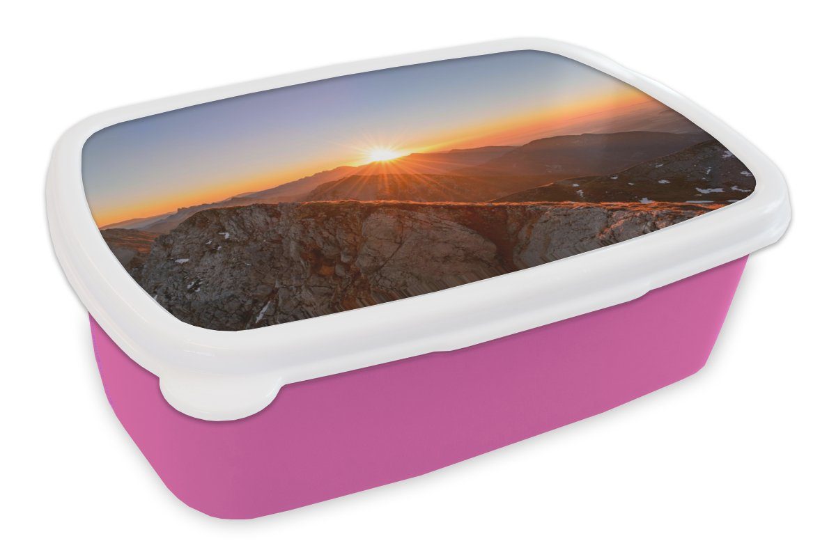 MuchoWow Lunchbox Berg - Landschaft - Sonne, Kunststoff, (2-tlg), Brotbox für Erwachsene, Brotdose Kinder, Snackbox, Mädchen, Kunststoff rosa