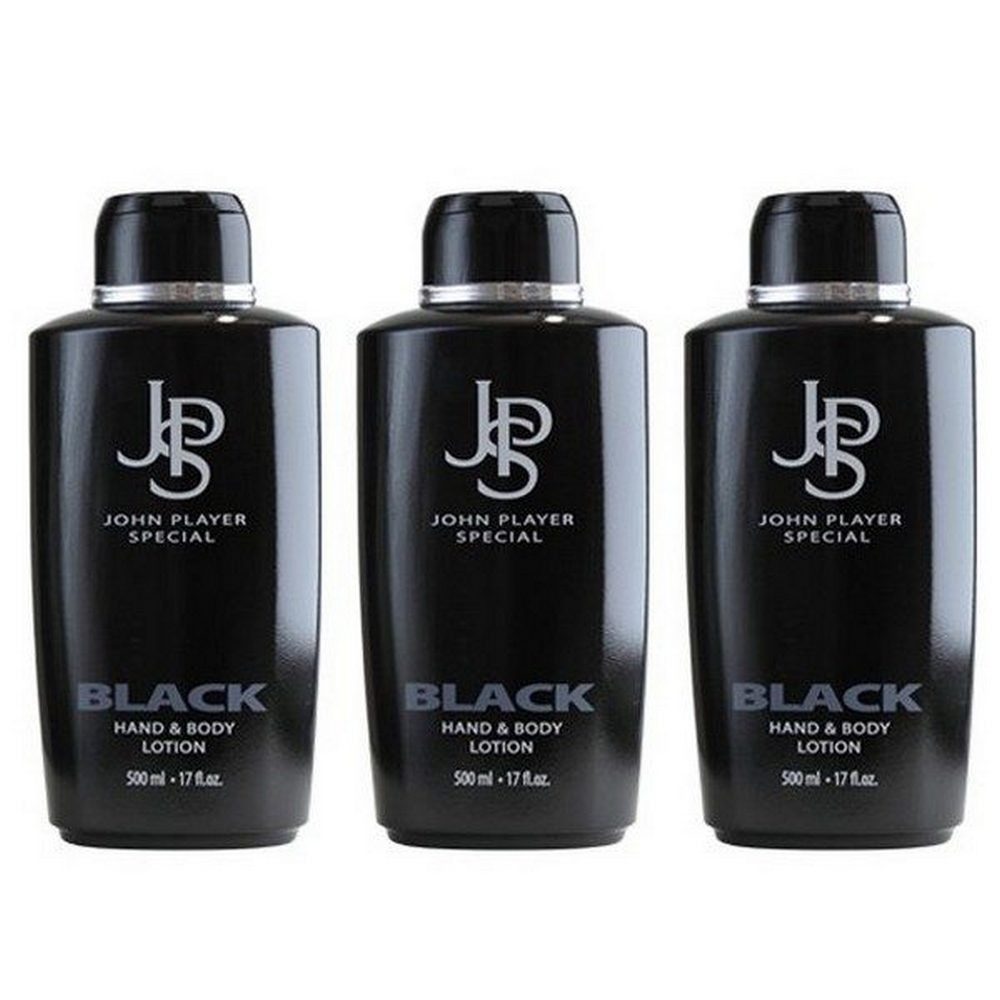 John Player Special Bodylotion Black 3 x 500 ml Hand & Body Lotion, feuchtigkeitsspendende Pflegestoffe