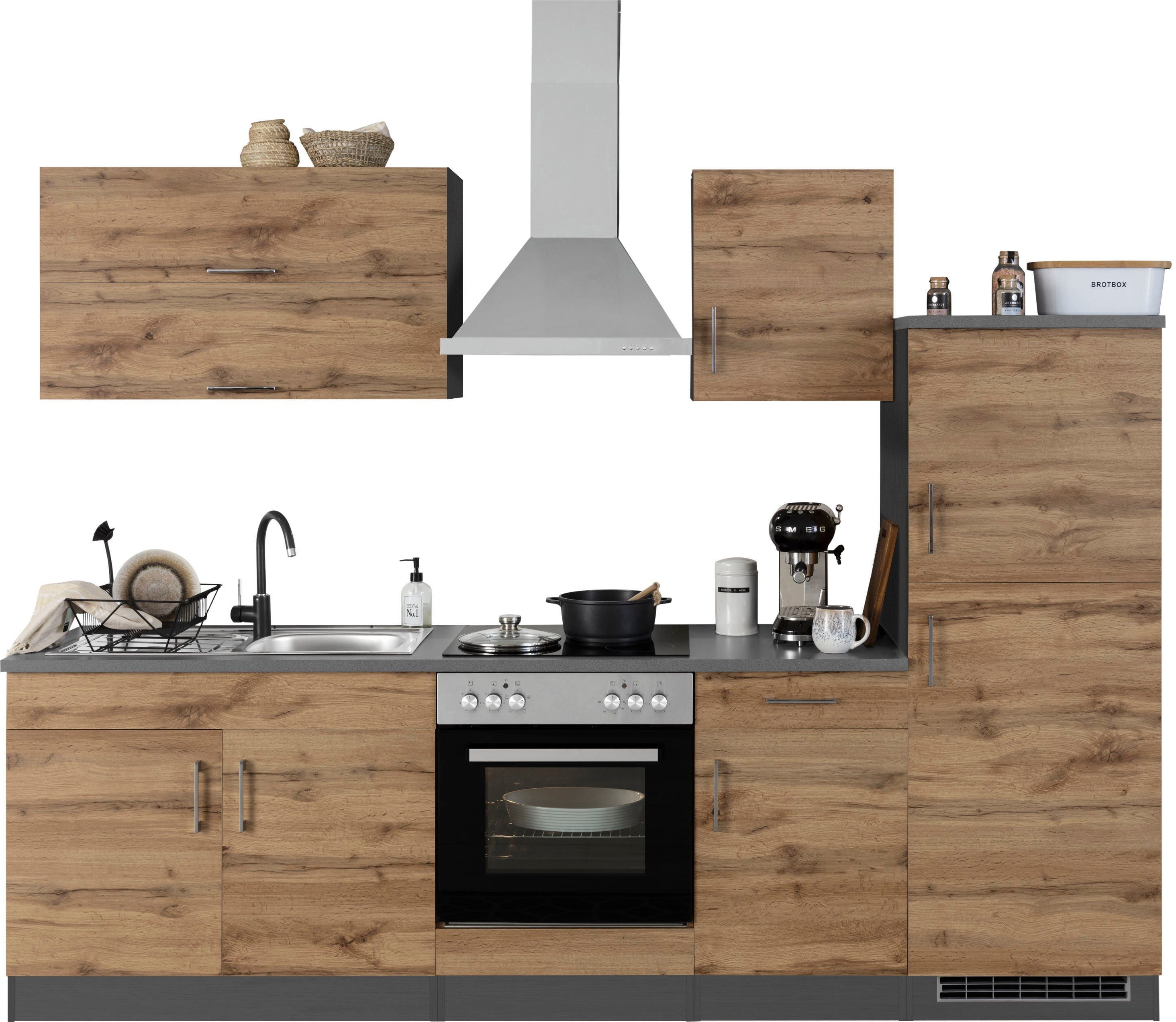Front: wotaneichfarben | Korpus: grafitgrau | Arbeitsplatte: anthrazit
