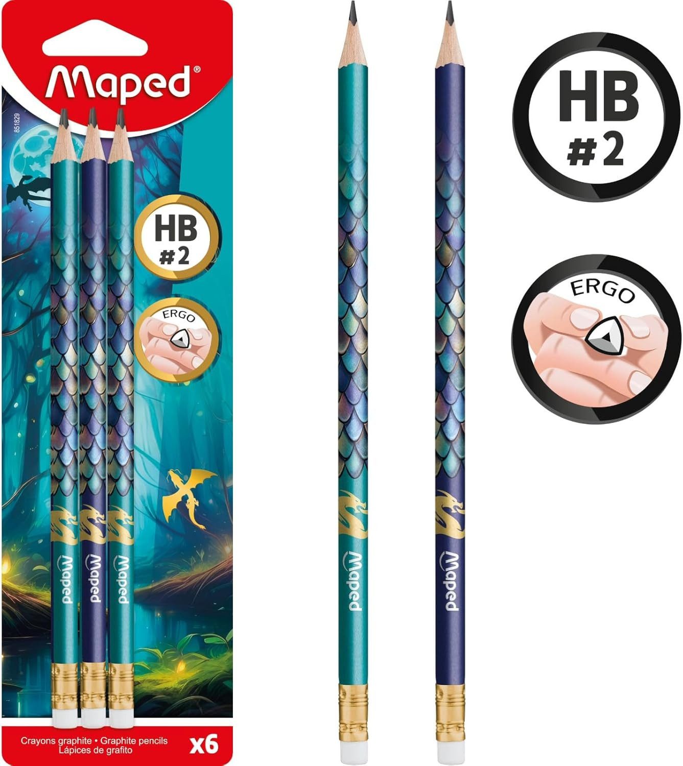 MAPED Bleistift Maped DRAGON Bleistift HB 6er Set mit Radierkopf
