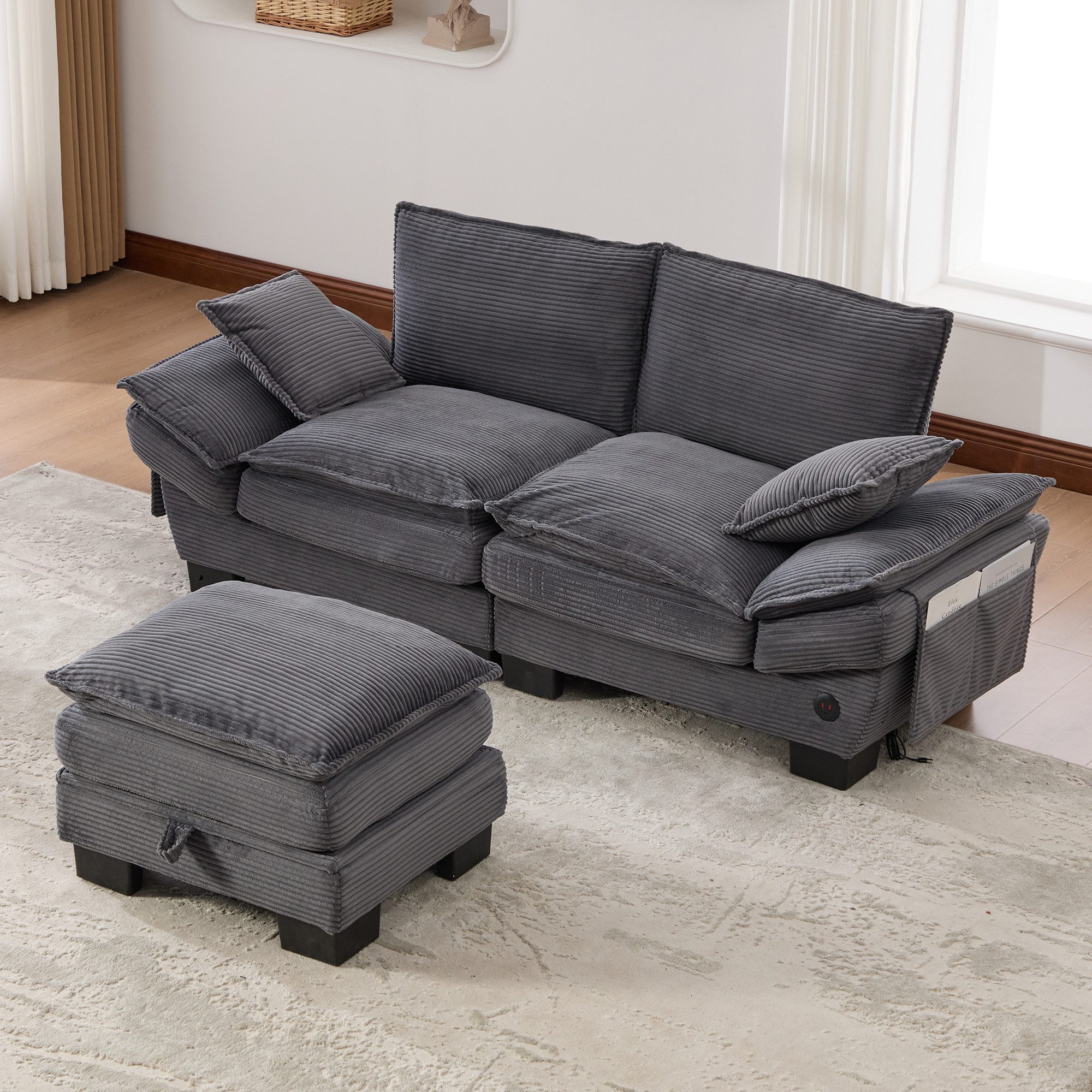 HAUSS SPOLE Loungesofa 2-Sitzer Cordsofa mit einer Hocker,Relaxsofa Seitentaschen,Dunkelgrau, Relaxsofa aus hochwertige Corduroy-Stoff, Ideal für Wohnzimmer, Büro oder Lounge