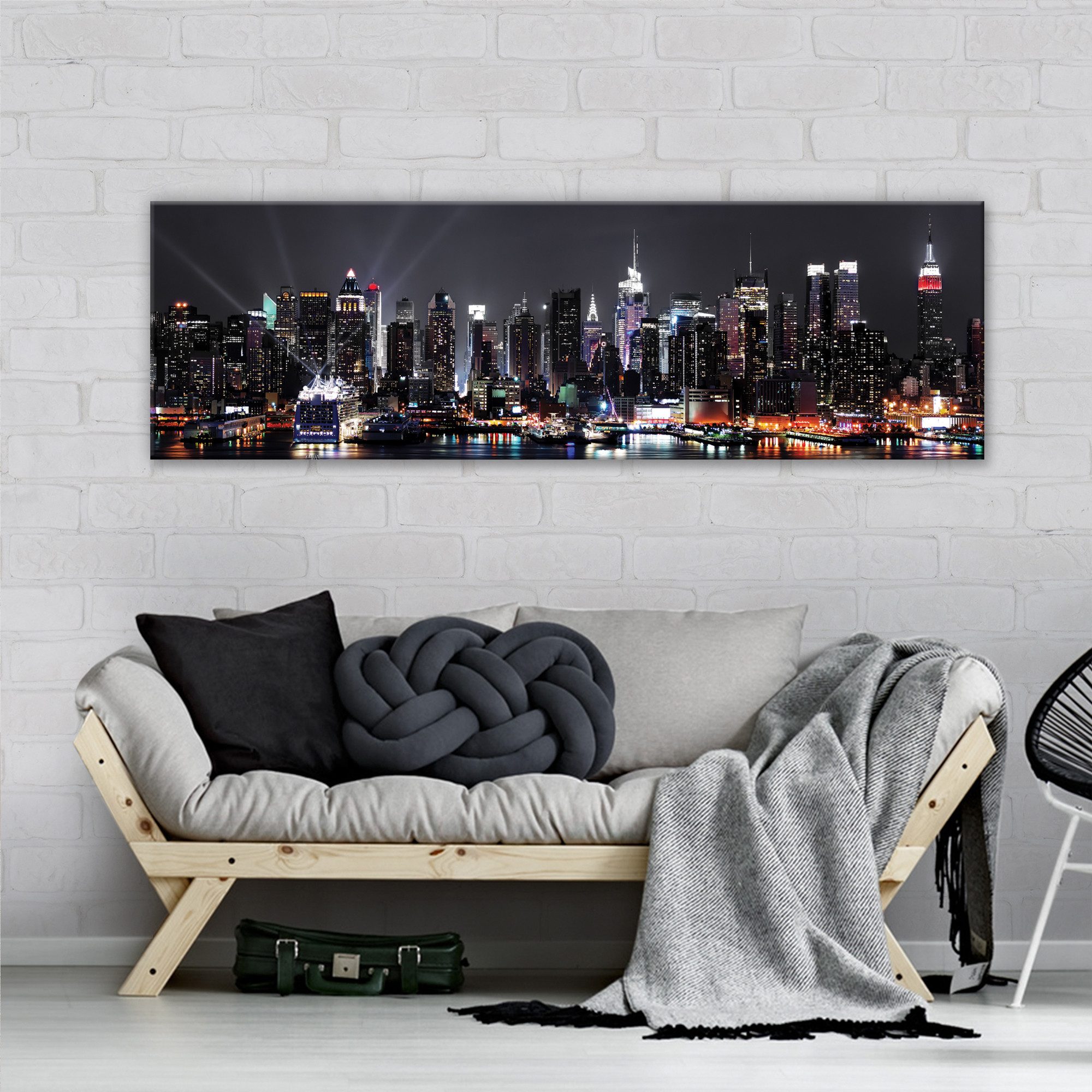 Wallarena Leinwandbild New York Stadt bei Nacht Modern XXL Leinwandbilder Bilder, Stadt (Einteilig, 1 St), groß Bilder Wohnzimmer Schlafzimmer Küche Wandbild Wand Deko XXL