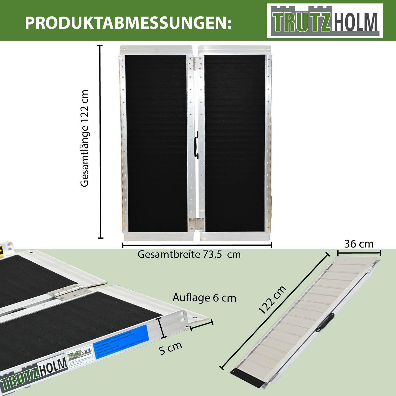 TRUTZHOLM Auffahrrampe Rollstuhlrampe klappbar Traglast 272 kg Länge 122cm Alu mit Tragegriff (1-St), Friktionsbeschichtete, 72,5 cm breite Lauffläche, platzspa – Bild 2 von 5