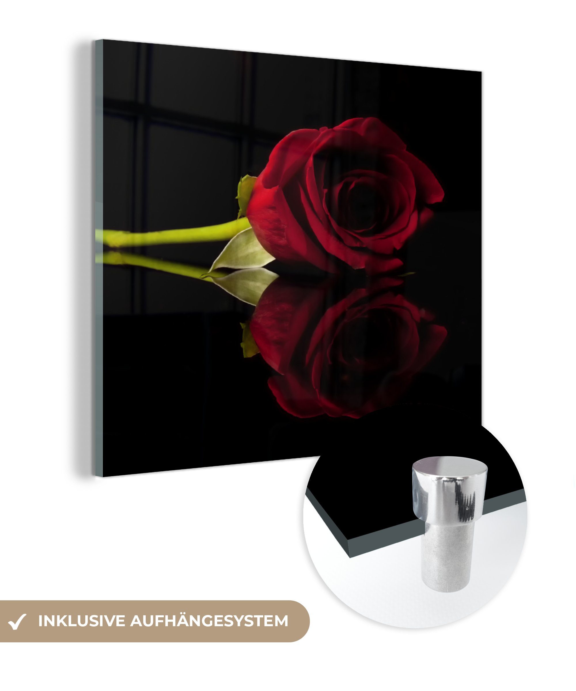 MuchoWow Acrylglasbild Rosen - Schwarz - Rot, Inkl. Aufhängung, Bilder auf Glas Wandbild, Wanddeko Wohnzimmer Badezimmer, 20x20 cm