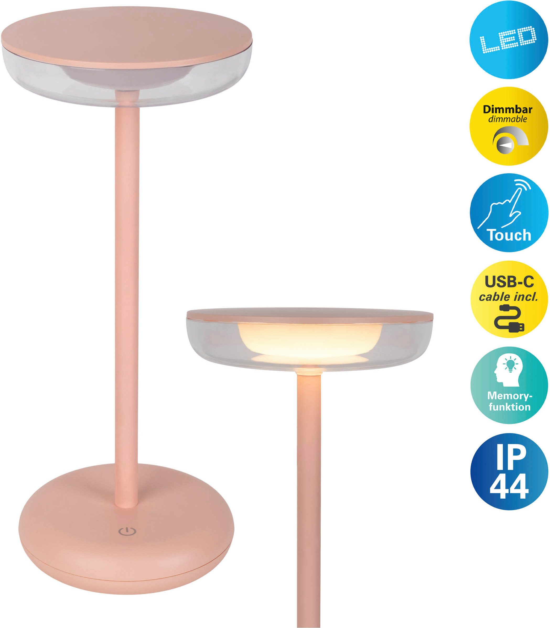 näve LED Tischleuchte Pasi, Dimmfunktion, Ein-/Ausschalter, Memoryfunktion, USB-Ladefunktion, LED wechselbar, Warmweiß, dimmbar per Berührungssensor, Memoryfunktion, Akku, USB-C-Ladekabel