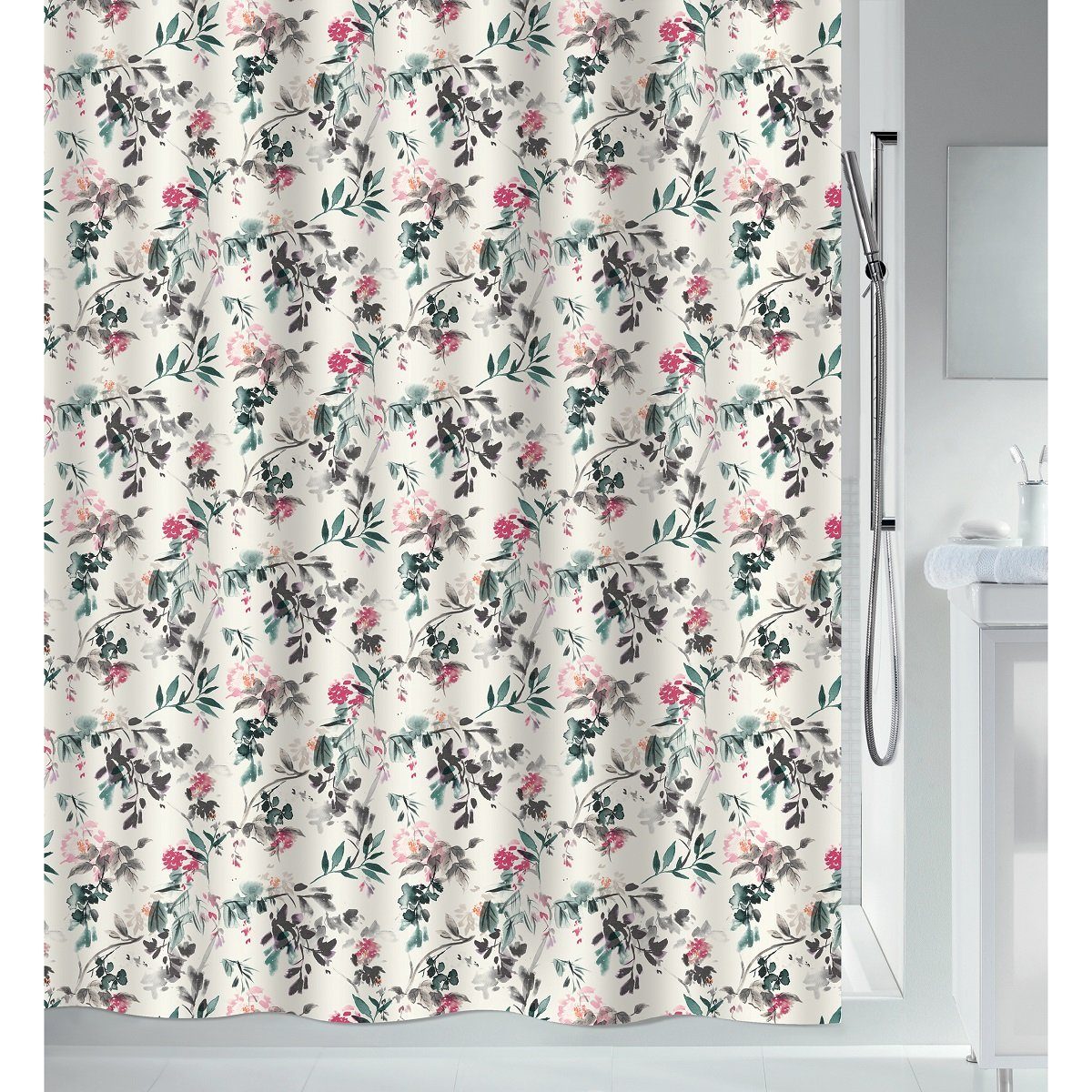 spirella Duschvorhang JINZO Breite 180 cm, Premium Textil-Duschvorhang, 100% Polyester, wasserabweisend, Anti-Schimmel-Effekt, waschbar 40°, frühlingshaftes Blütenzweige Motiv, Farbe bunt, Größe 180 x 200 cm