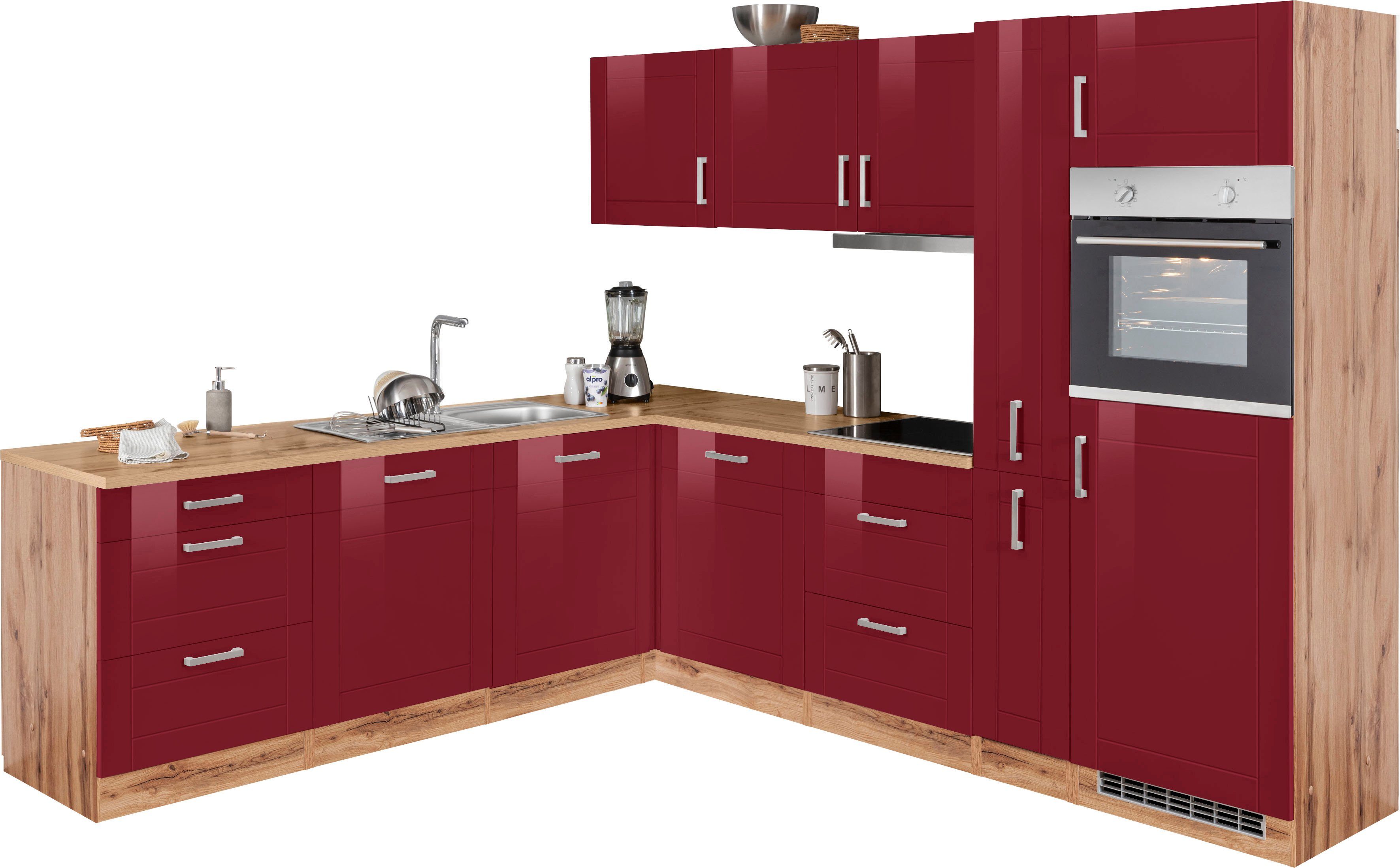 HELD MÖBEL Winkelküche Tinnum, mit E-Geräten, Stellbreite 240/270 cm rot