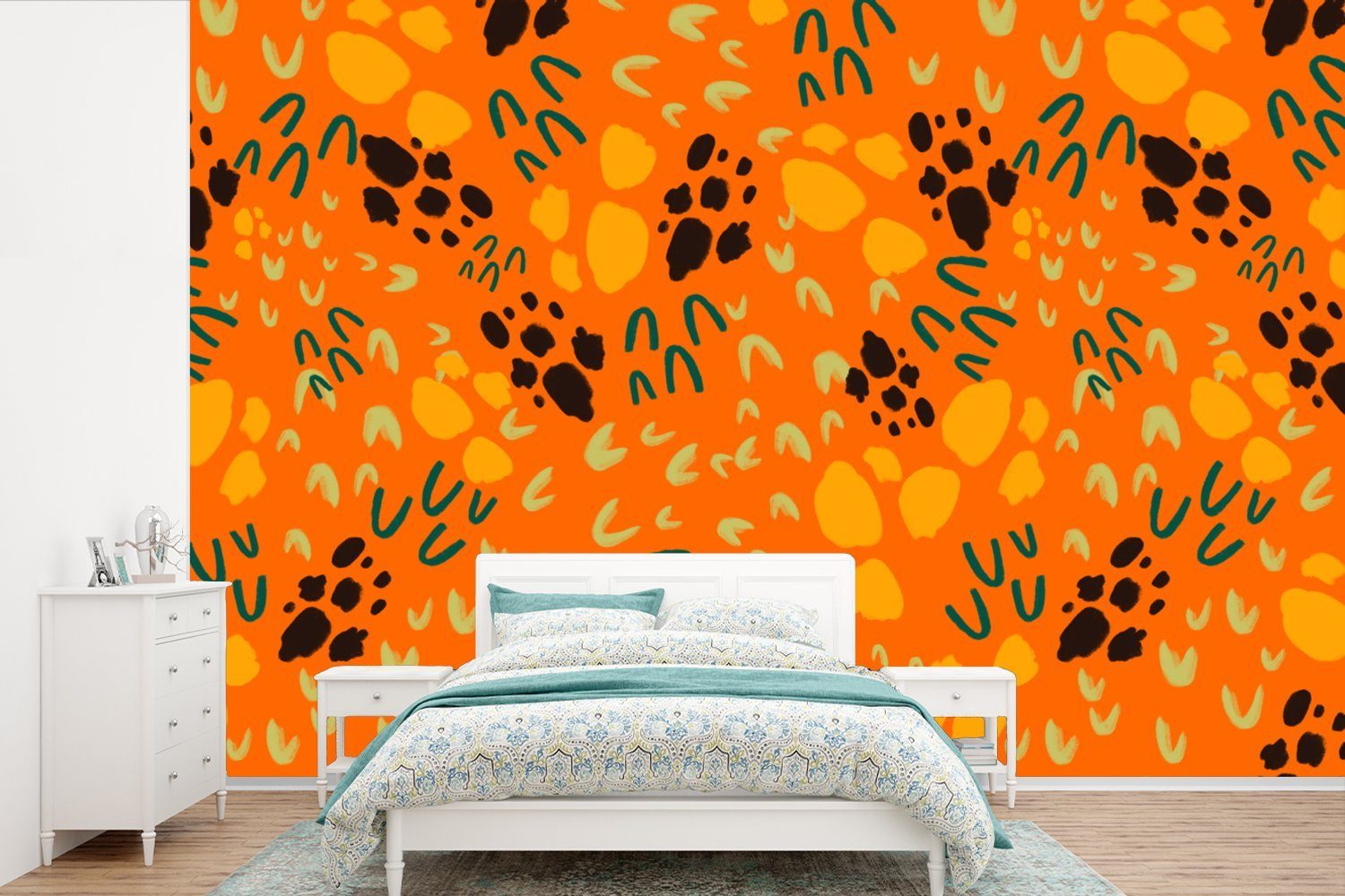 MuchoWow Fototapete Sporen - Orange - Muster, Matt, bedruckt, (6 St), Wallpaper für Wohnzimmer, Schlafzimmer, Kinderzimmer, Vinyl Tapete