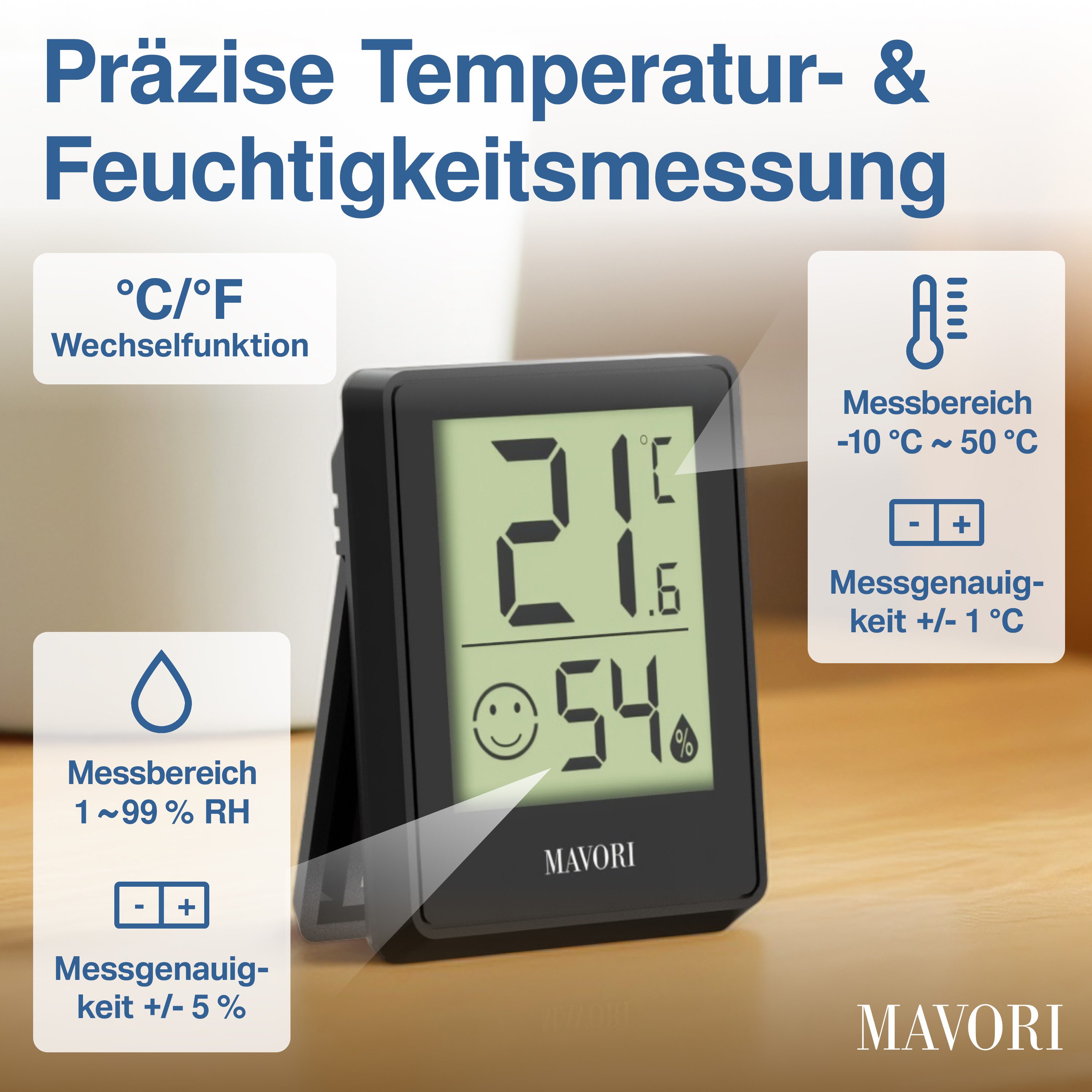 MAVORI Hygrometer und Thermometer digital mit sehr präzisen Messwerten, (3-St), Thermometer mit Luftfeuchtigkeit